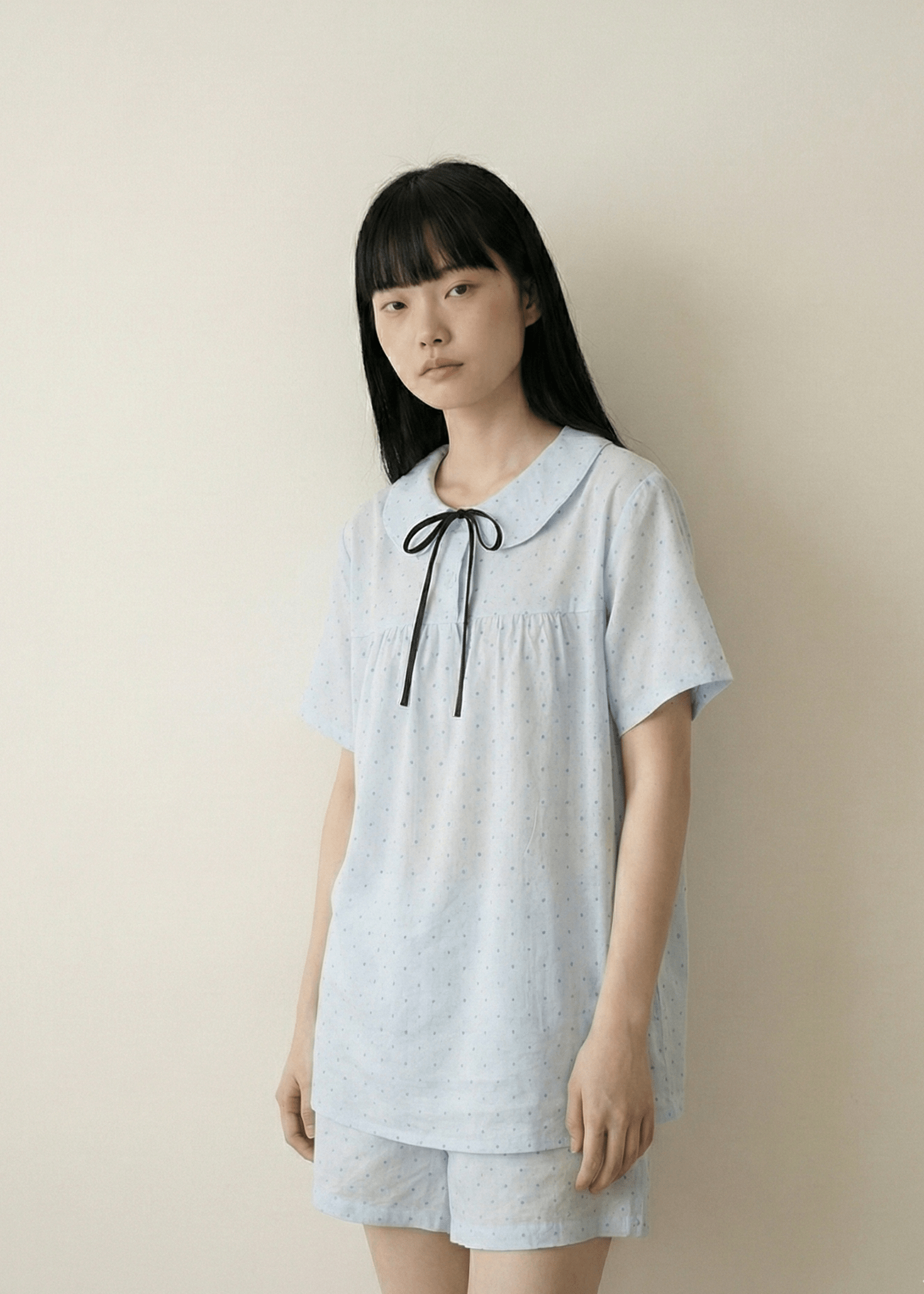 - Ever Lasting - Lina Double Gauze Polka Dot Lounge Set / Soft Water Blue (Short Sleeve & Shorts) - Pajamas - Ever Lasting