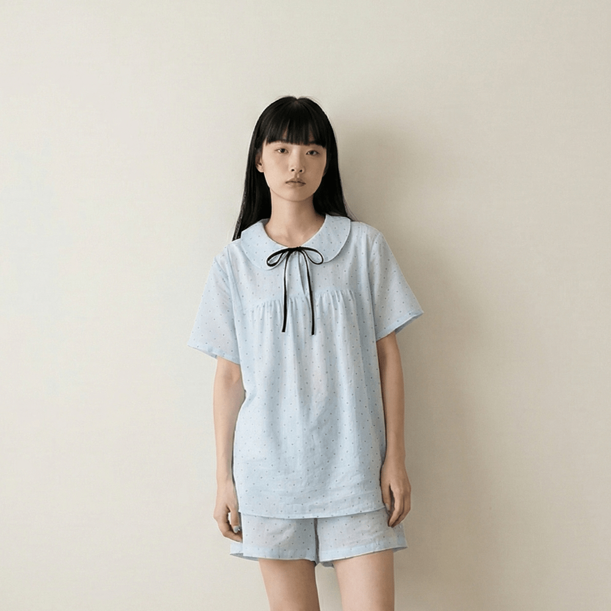 - Ever Lasting - Lina Double Gauze Polka Dot Lounge Set / Soft Water Blue (Short Sleeve & Shorts) - Pajamas - Ever Lasting