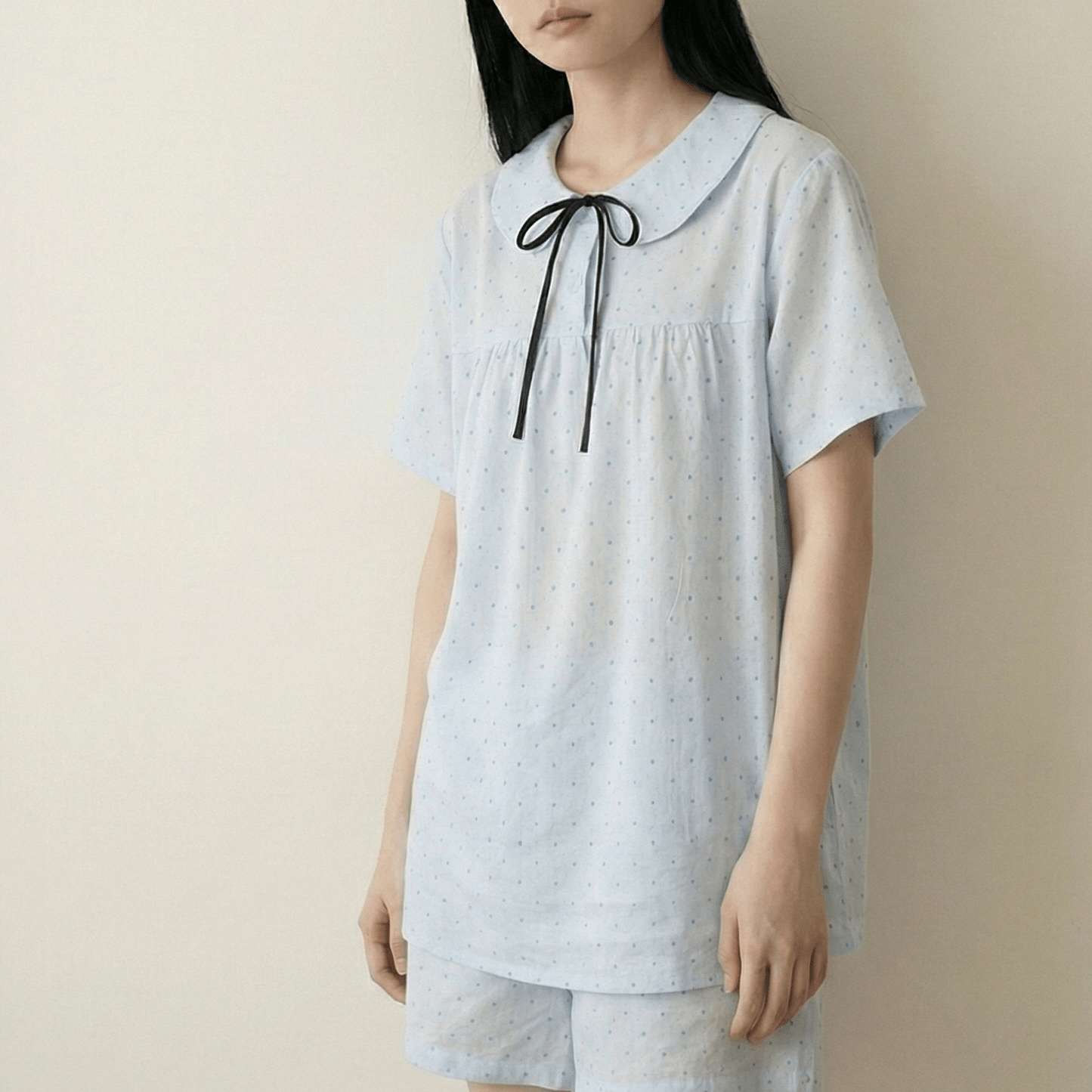 - Ever Lasting - Lina Double Gauze Polka Dot Lounge Set / Soft Water Blue (Short Sleeve & Shorts) - Pajamas - Ever Lasting