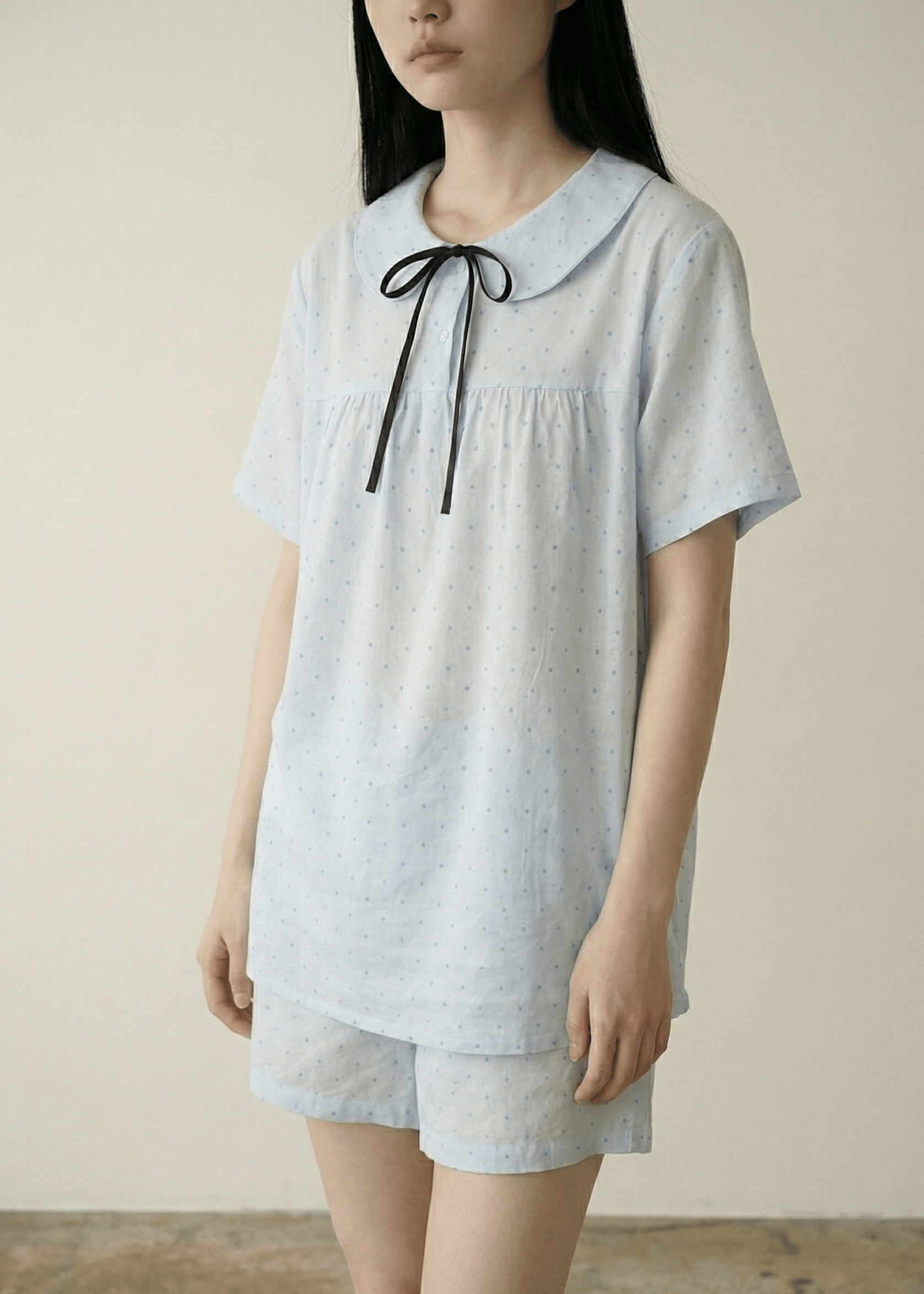 - Ever Lasting - Lina Double Gauze Polka Dot Lounge Set / Soft Water Blue (Short Sleeve & Shorts) - Pajamas - Ever Lasting