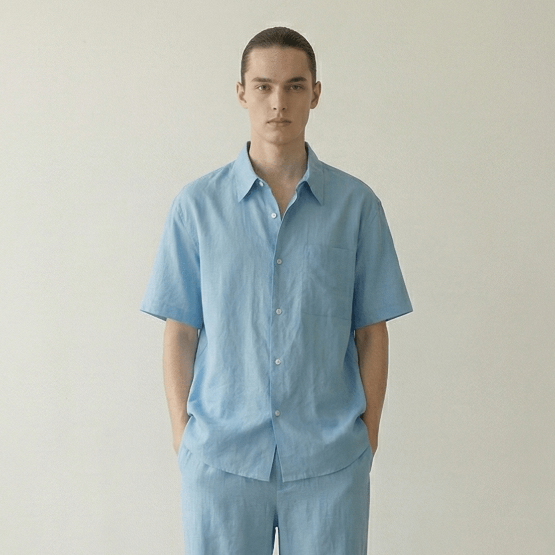 - Ever Lasting - Lino Natural Texture Cotton Set / Fresh Lake Blue (Unisex) - Pajamas - Ever Lasting