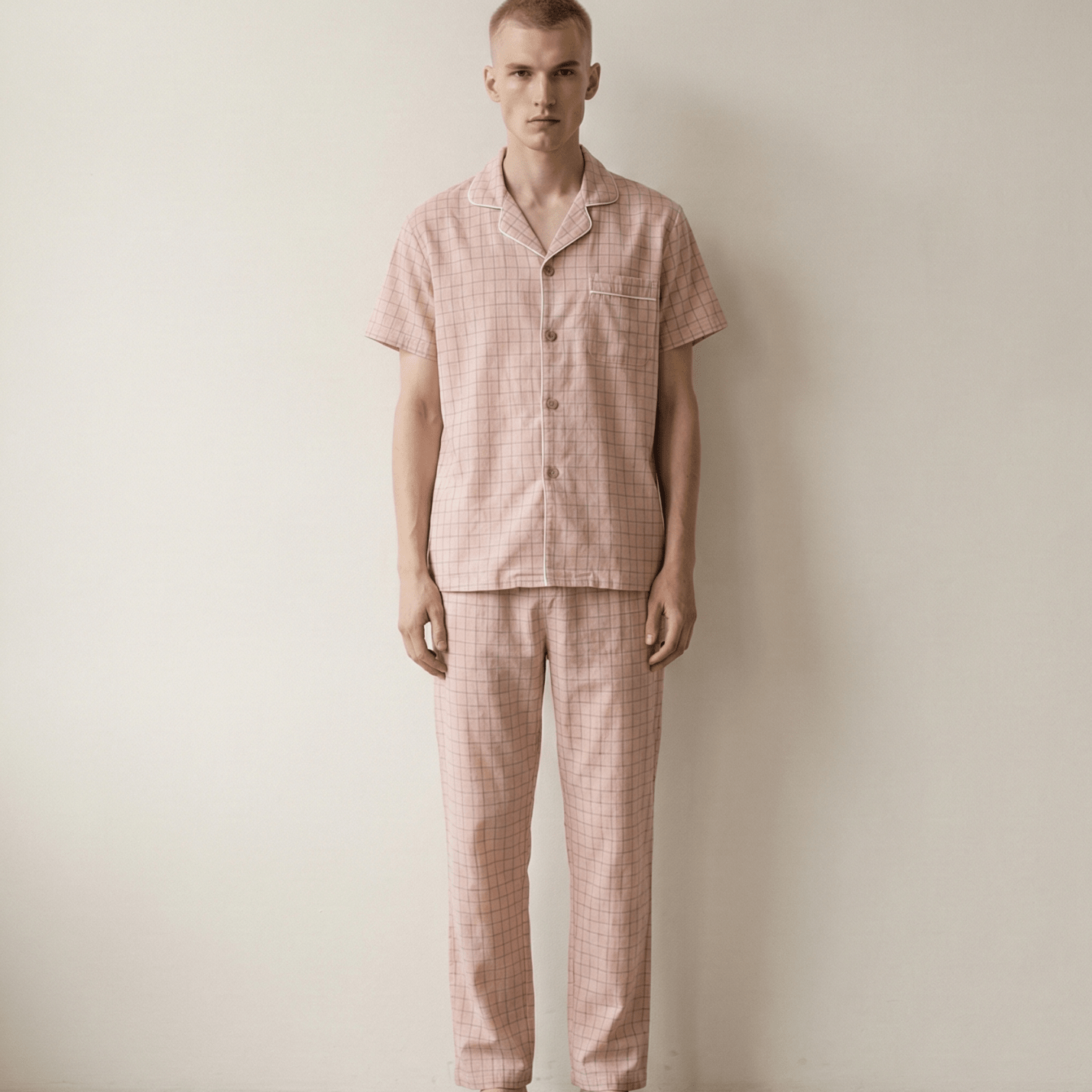 - Ever Lasting - Luca Washed Cotton Plaid Lapel Pajama Set / Pink - Pajama Set - Ever Lasting