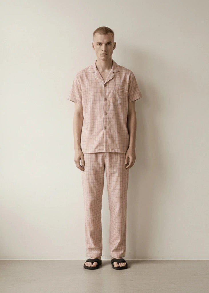 - Ever Lasting - Luca Washed Cotton Plaid Lapel Pajama Set / Pink - Pajama Set - Ever Lasting