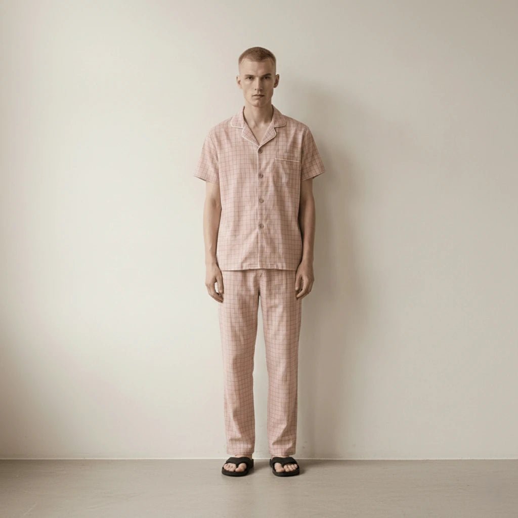 - Ever Lasting - Luca Washed Cotton Plaid Lapel Pajama Set / Pink - Pajama Set - Ever Lasting