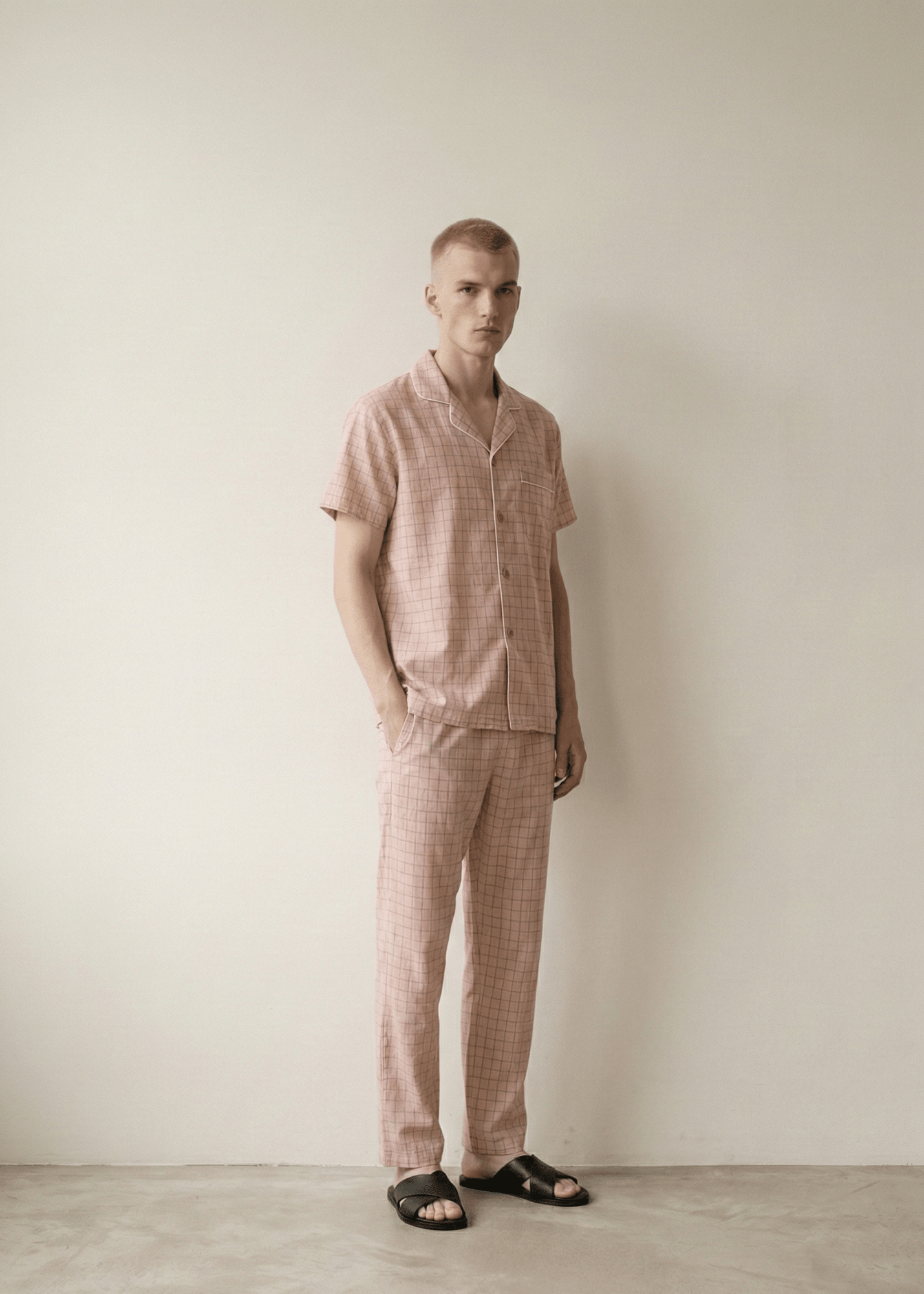 - Ever Lasting - Luca Washed Cotton Plaid Lapel Pajama Set / Pink - Pajama Set - Ever Lasting