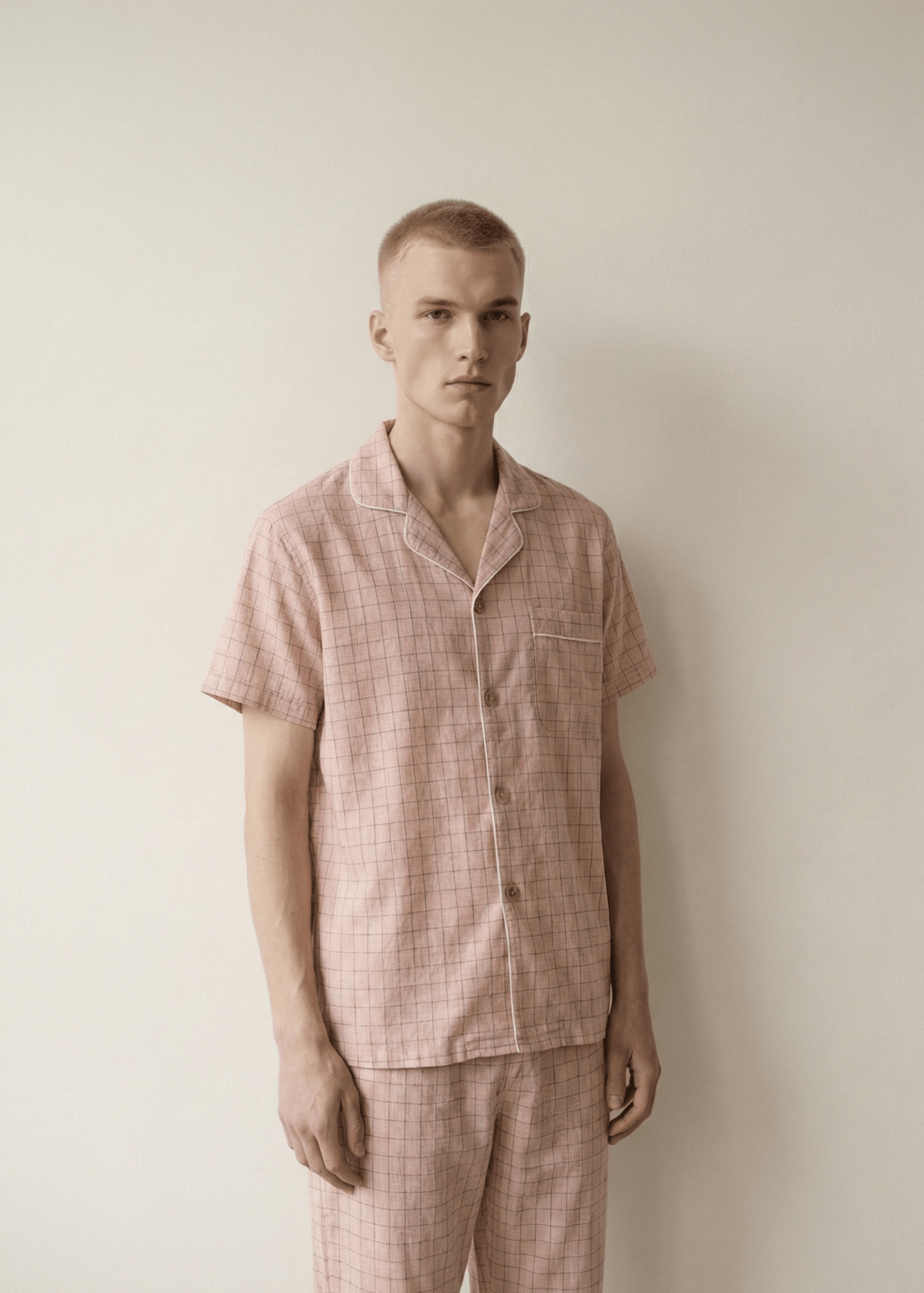 - Ever Lasting - Luca Washed Cotton Plaid Lapel Pajama Set / Pink - Pajama Set - Ever Lasting