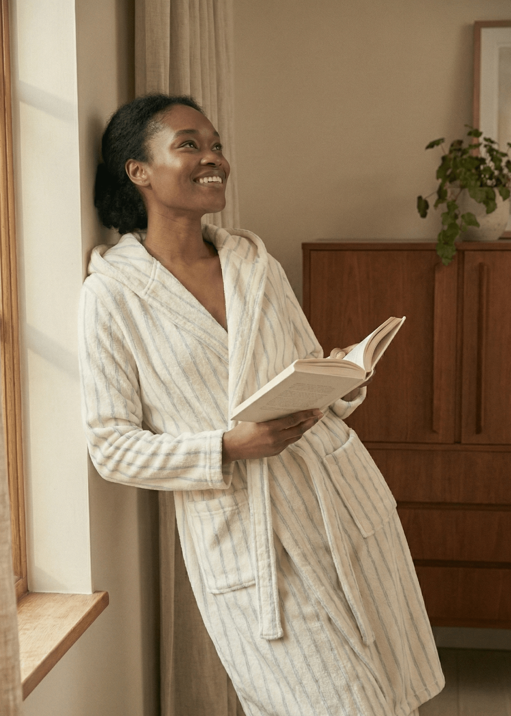 - Ever Lasting - Luna Winter Stripe Hooded Robe & Pants Set / Cream Gray - Robes - Ever Lasting