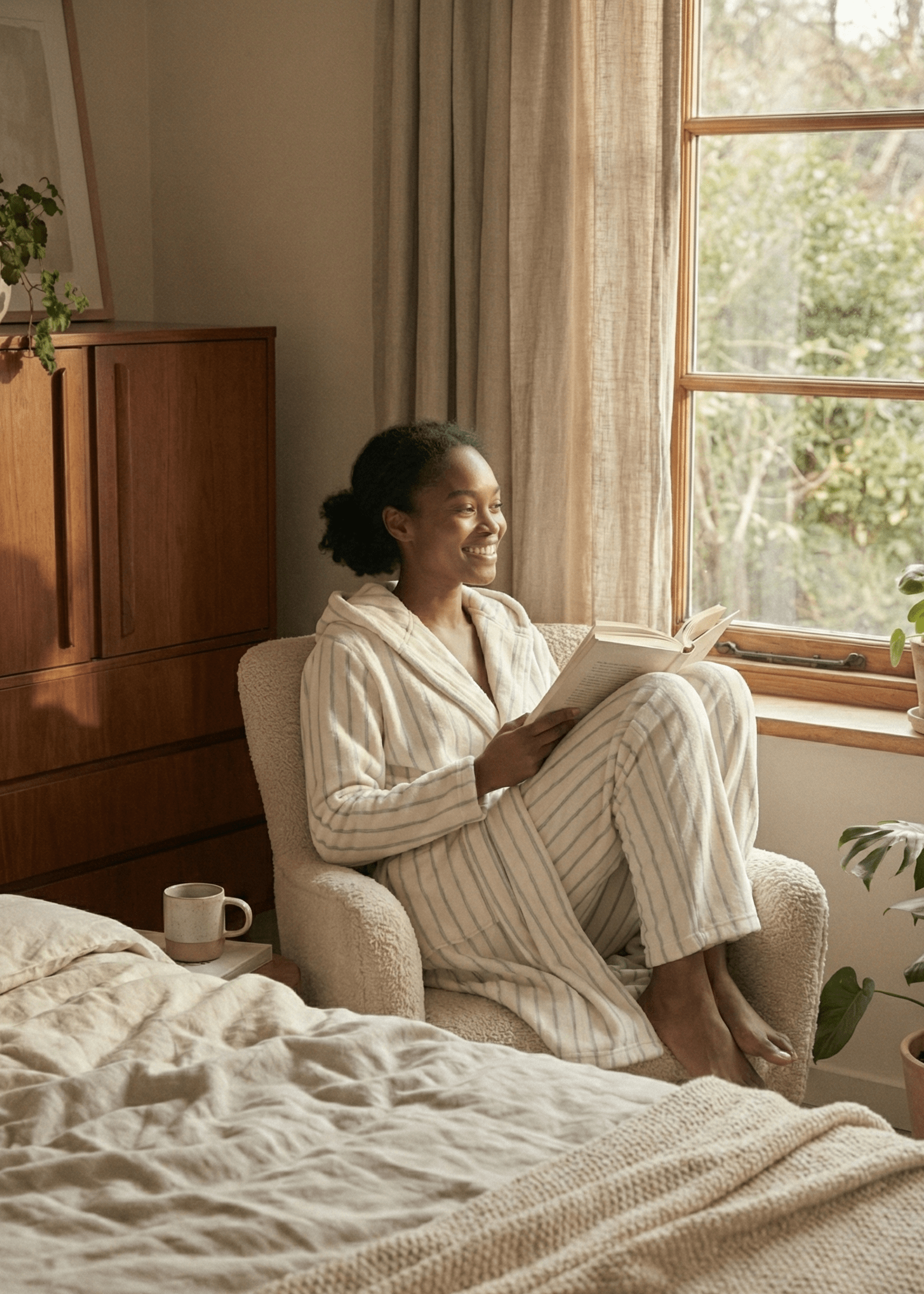 - Ever Lasting - Luna Winter Stripe Hooded Robe & Pants Set / Cream Gray - Robes - Ever Lasting