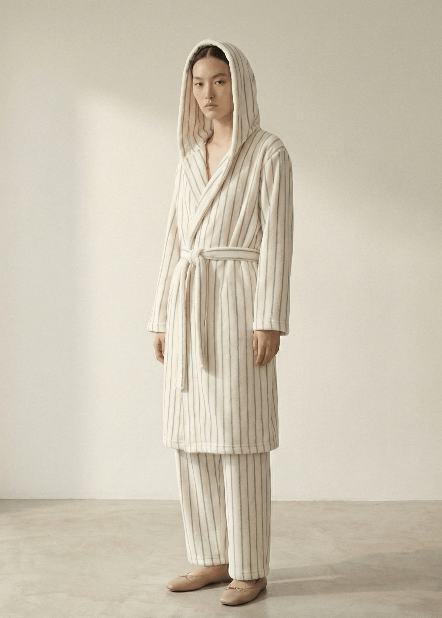 - Ever Lasting - Luna Winter Stripe Hooded Robe & Pants Set / Cream Gray - Robes - Ever Lasting