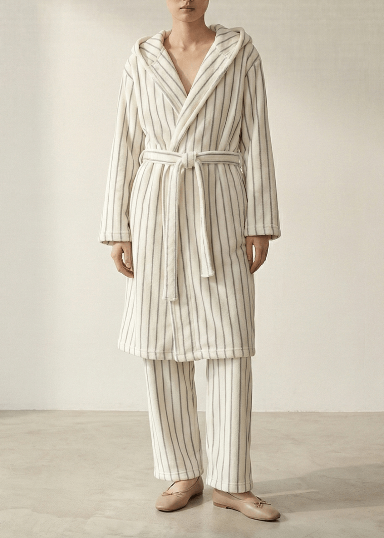 - Ever Lasting - Luna Winter Stripe Hooded Robe & Pants Set / Cream Gray - Robes - Ever Lasting