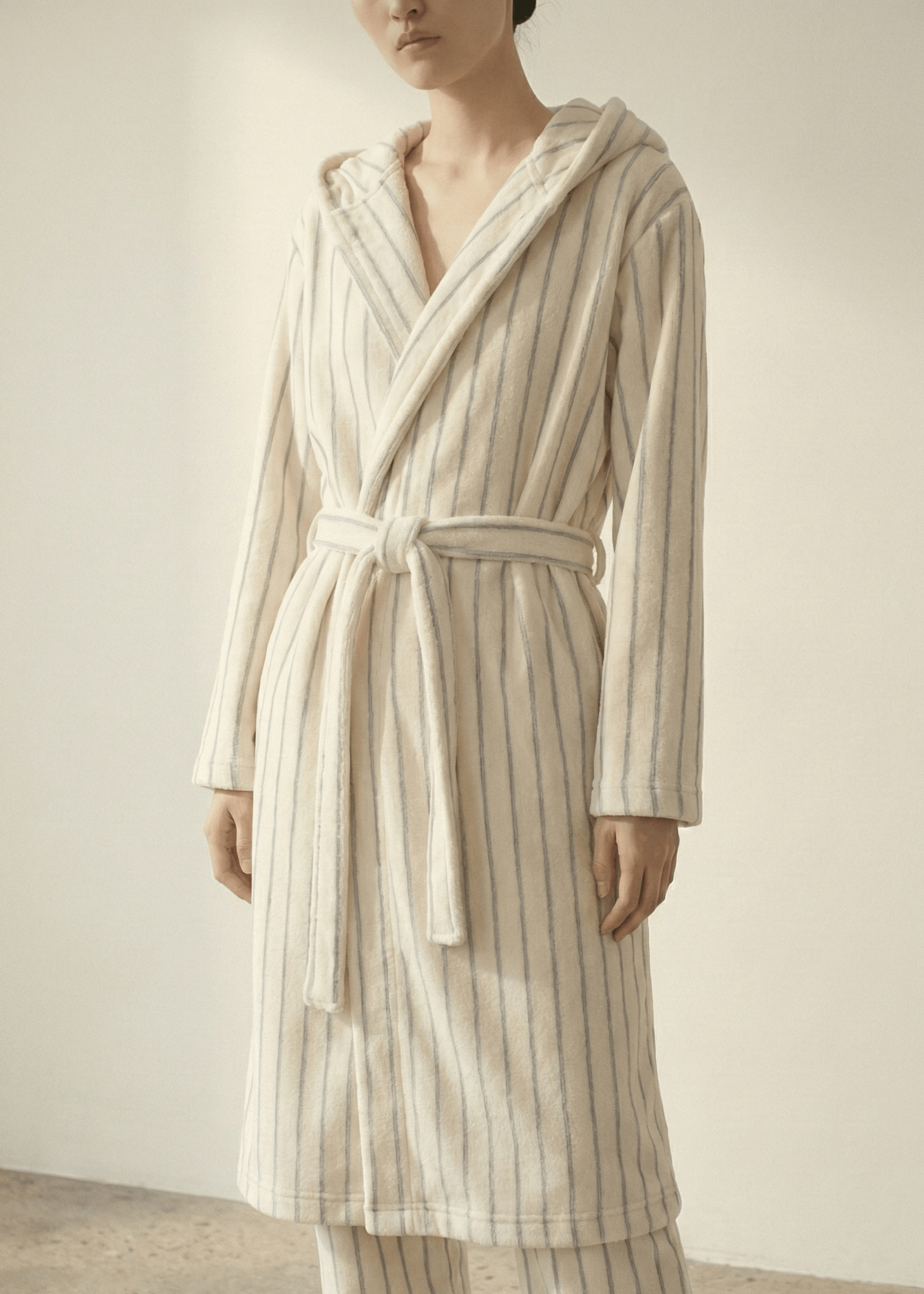 - Ever Lasting - Luna Winter Stripe Hooded Robe & Pants Set / Cream Gray - Robes - Ever Lasting