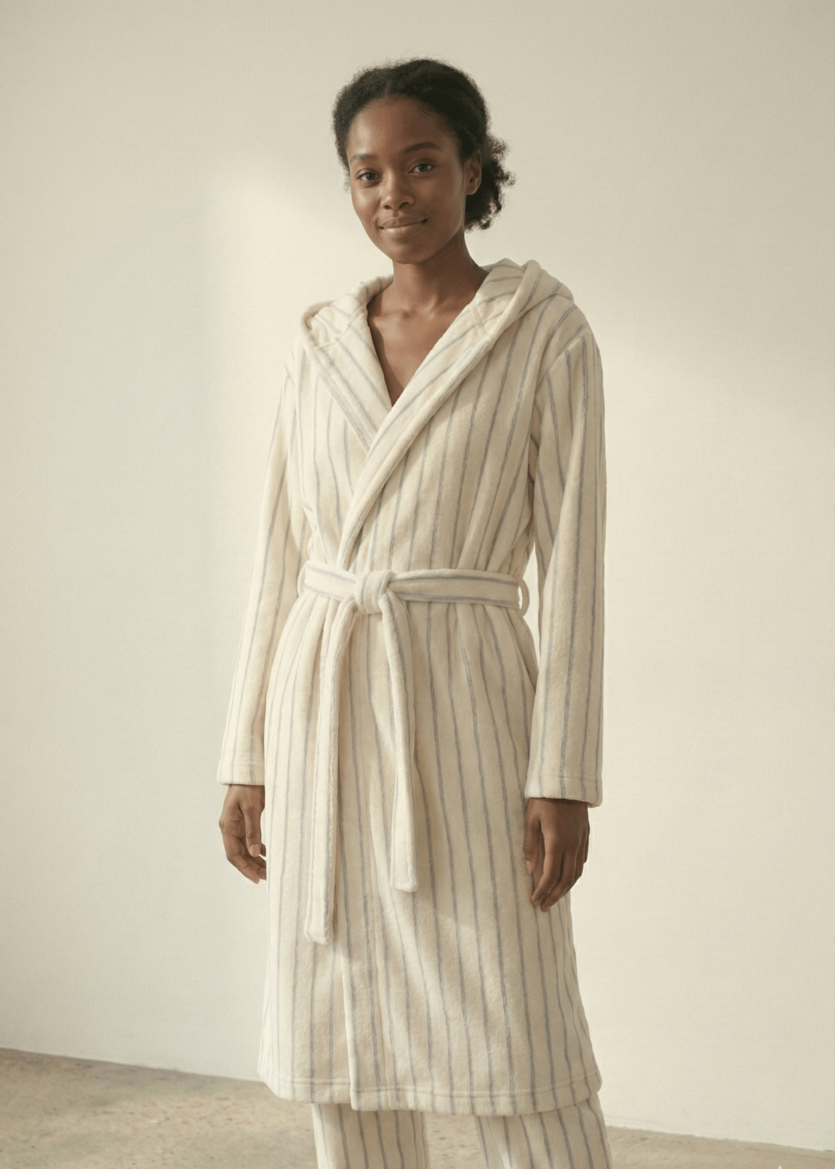 - Ever Lasting - Luna Winter Stripe Hooded Robe & Pants Set / Cream Gray - Robes - Ever Lasting
