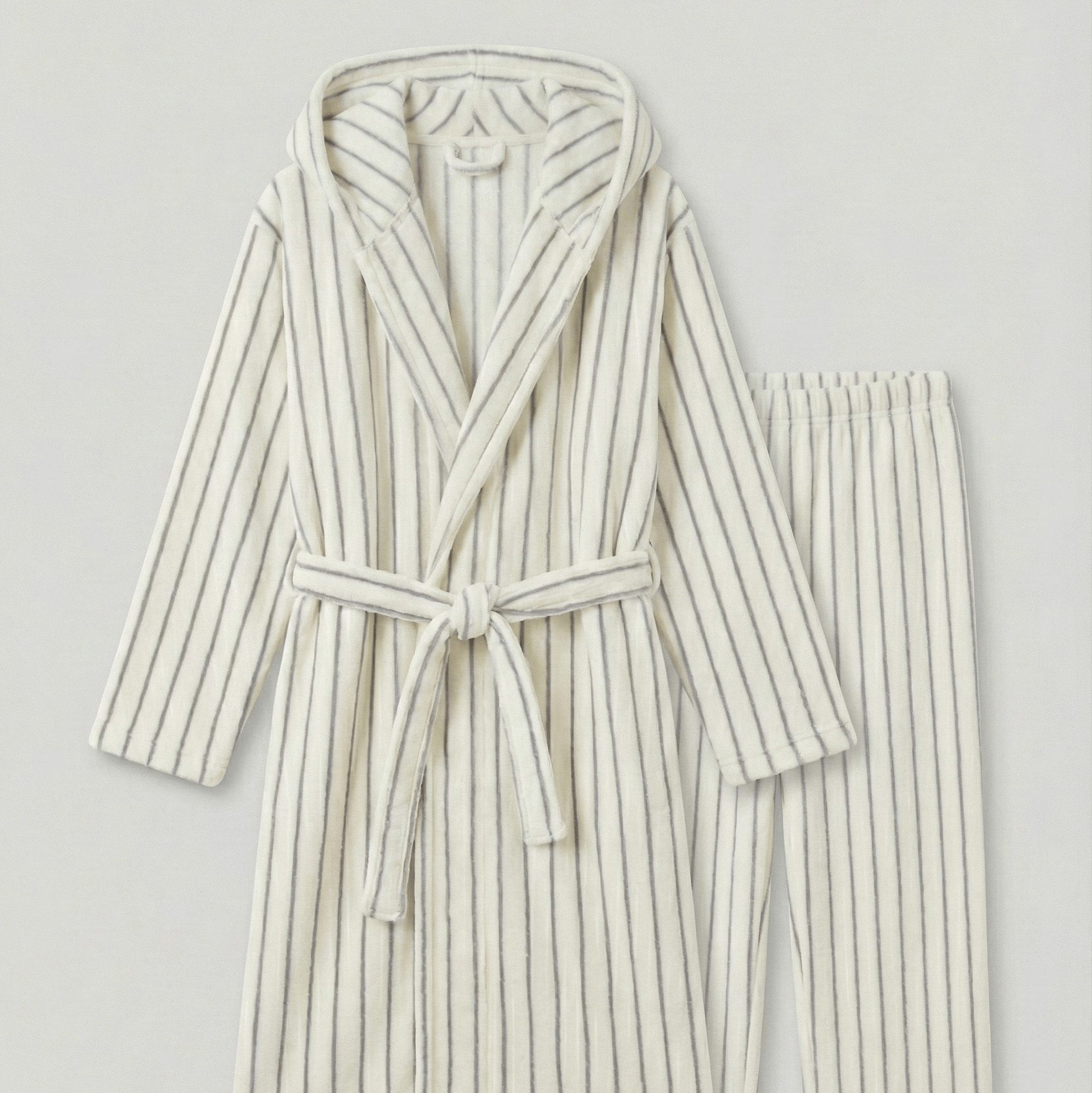 - Ever Lasting - Luna Winter Stripe Hooded Robe & Pants Set / Cream Gray - Robes - Ever Lasting