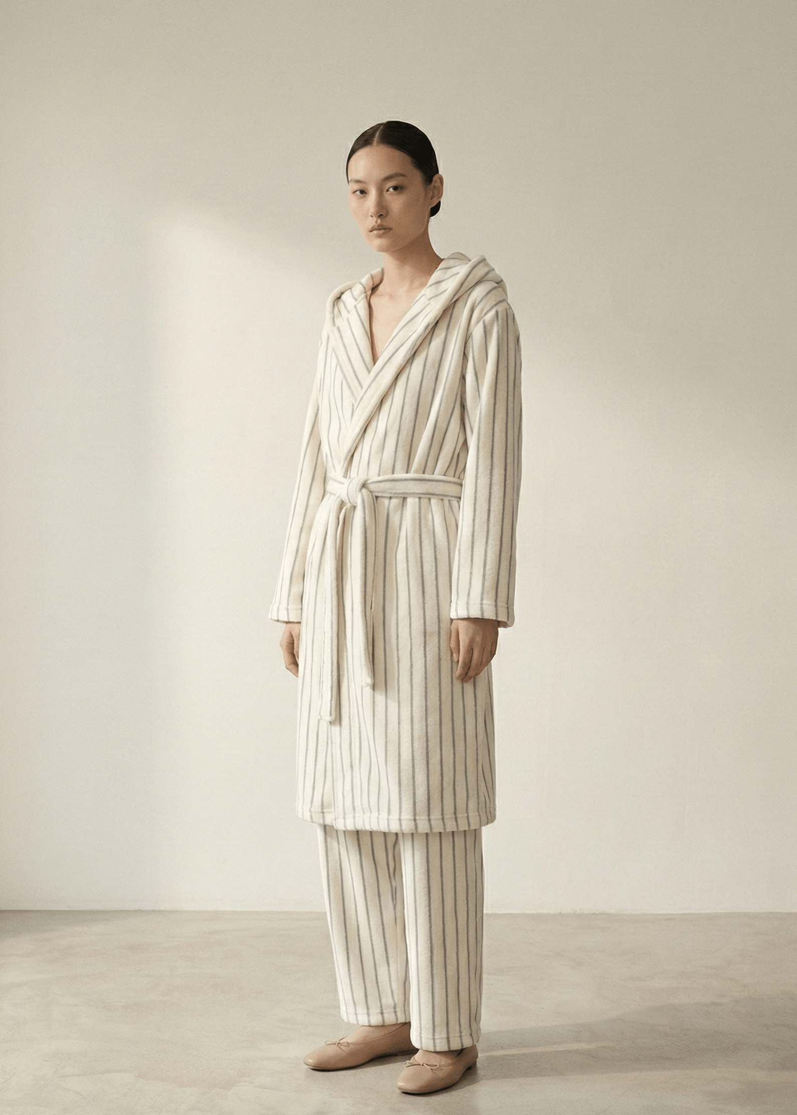 - Ever Lasting - Luna Winter Stripe Hooded Robe & Pants Set / Cream Gray - Robes - Ever Lasting