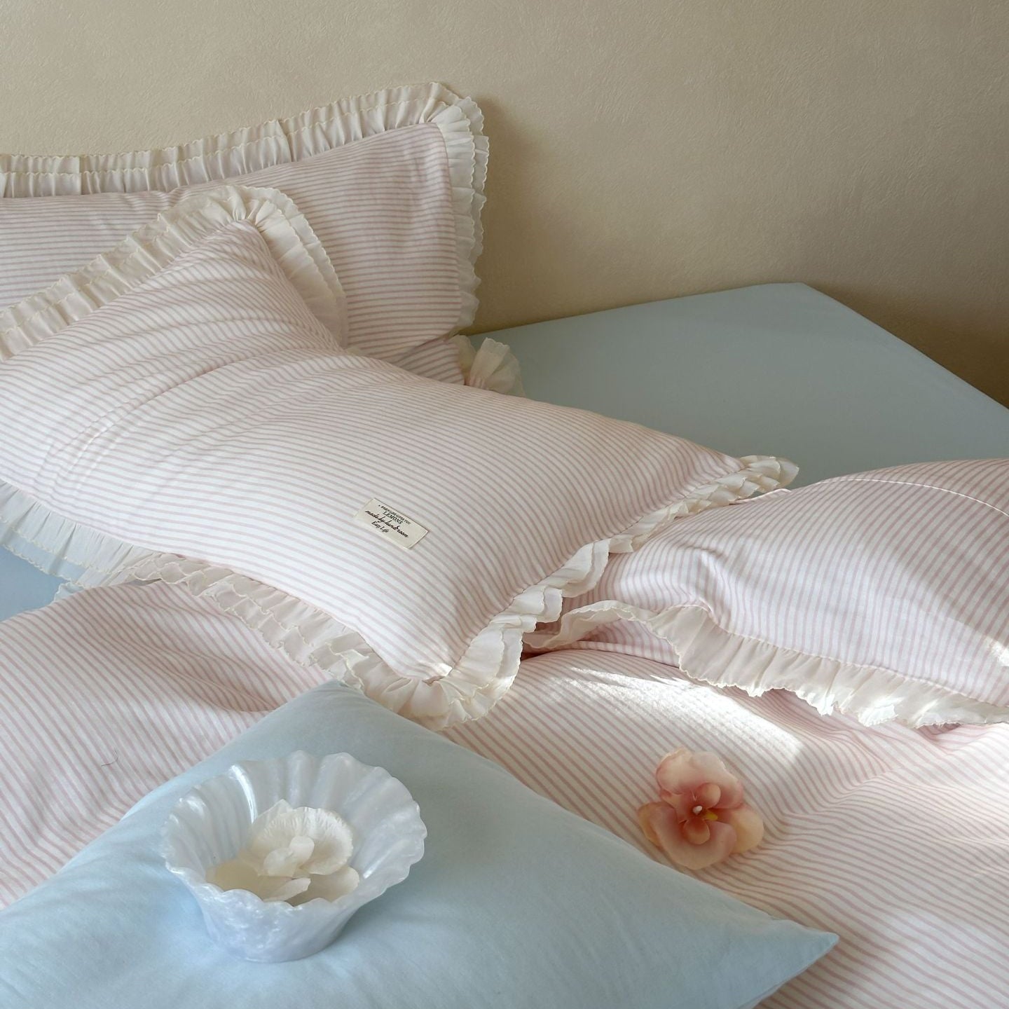 Mabel Lace Double Gauze Striped Bedding Set / Blue - Ever Lasting