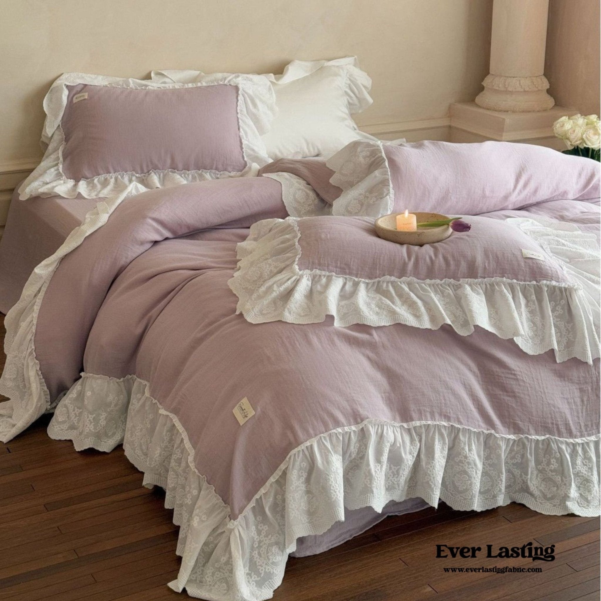 Macaroon French Lace Ruffled Bedding Set / Purple - Ever Lasting