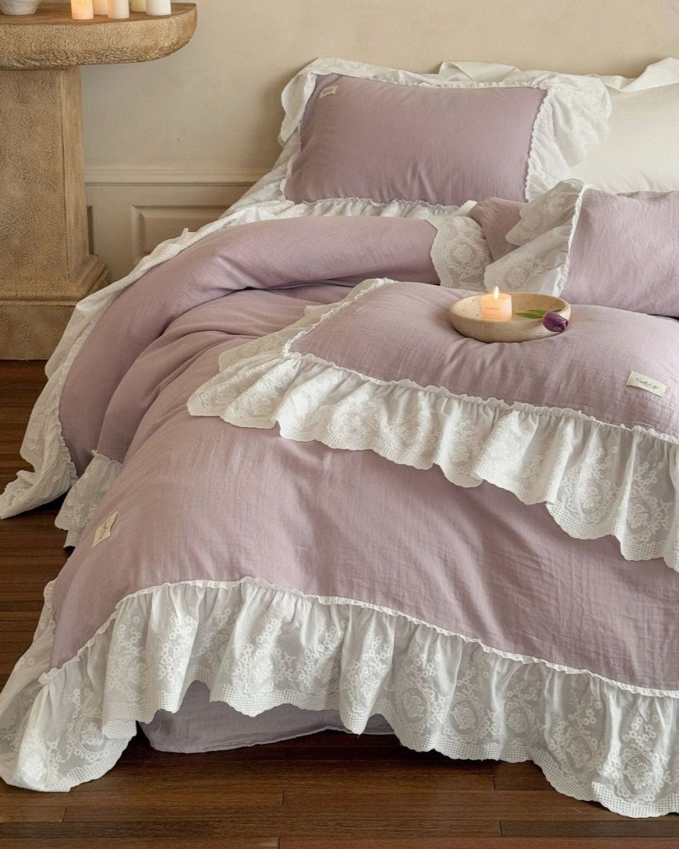 Macaroon French Lace Ruffled Bedding Set / Purple - Ever Lasting