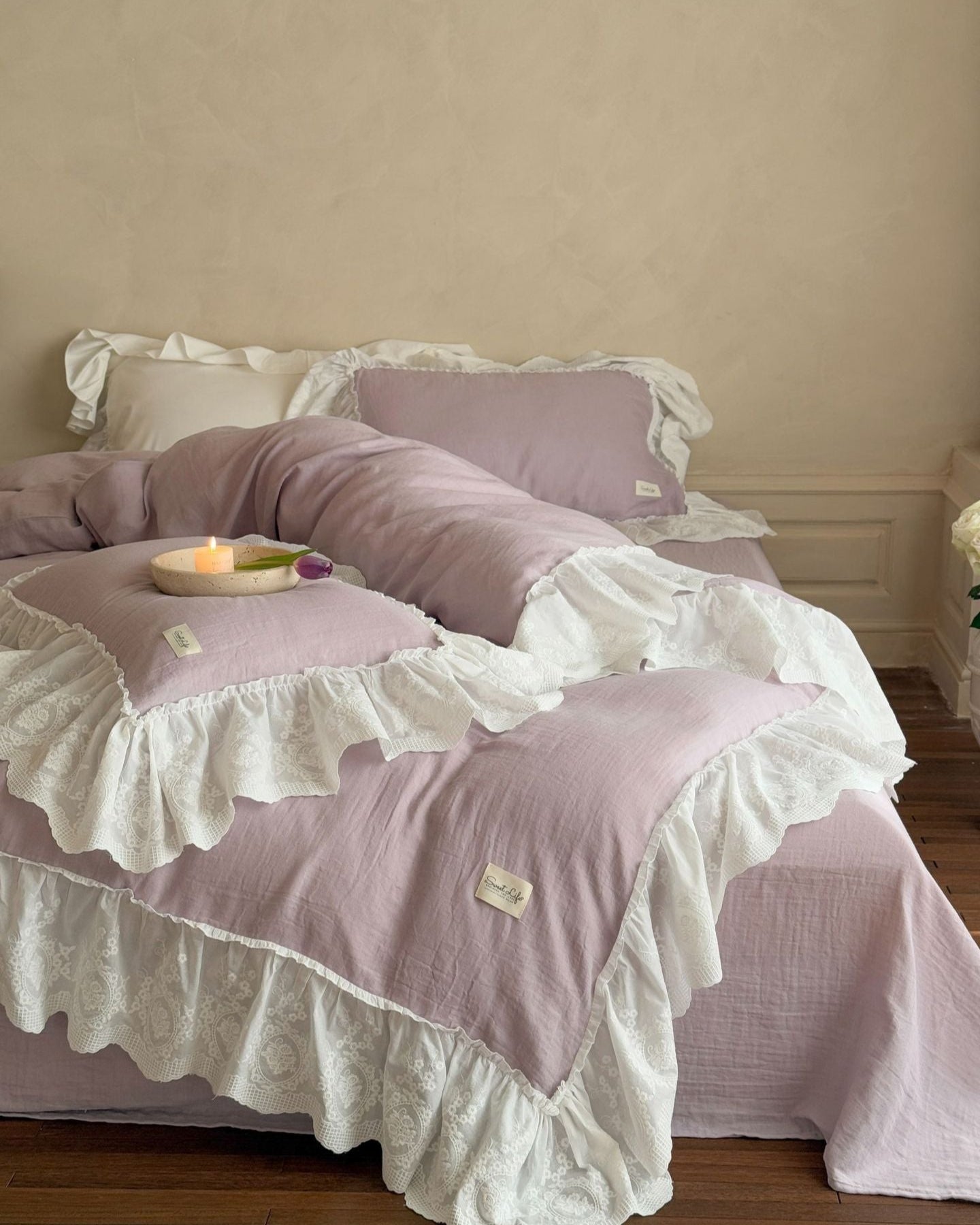 Macaroon French Lace Ruffled Bedding Set / Purple - Ever Lasting