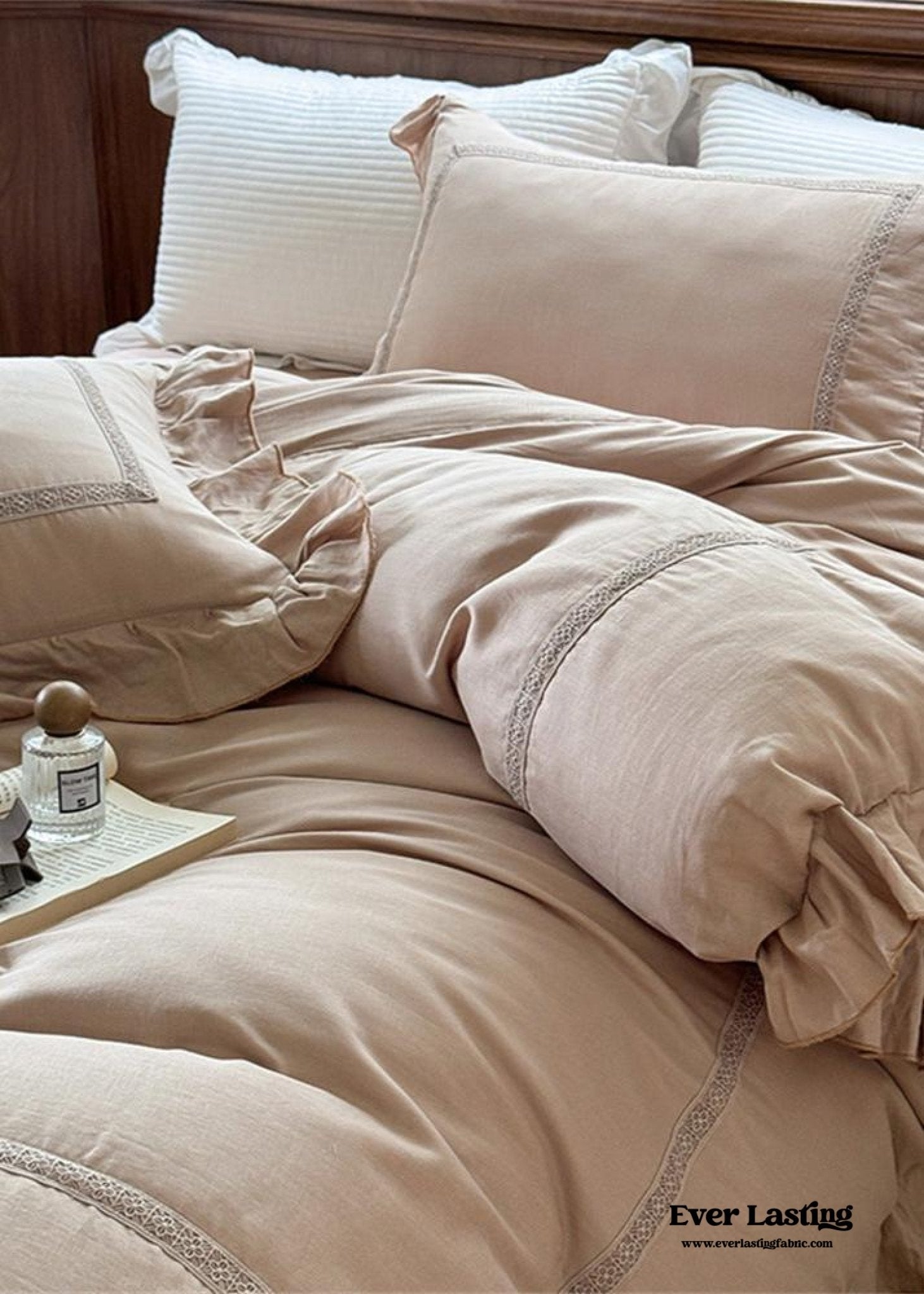Madeleine Lace Double Gauze Ruffle Bedding Set / Brown - Ever Lasting