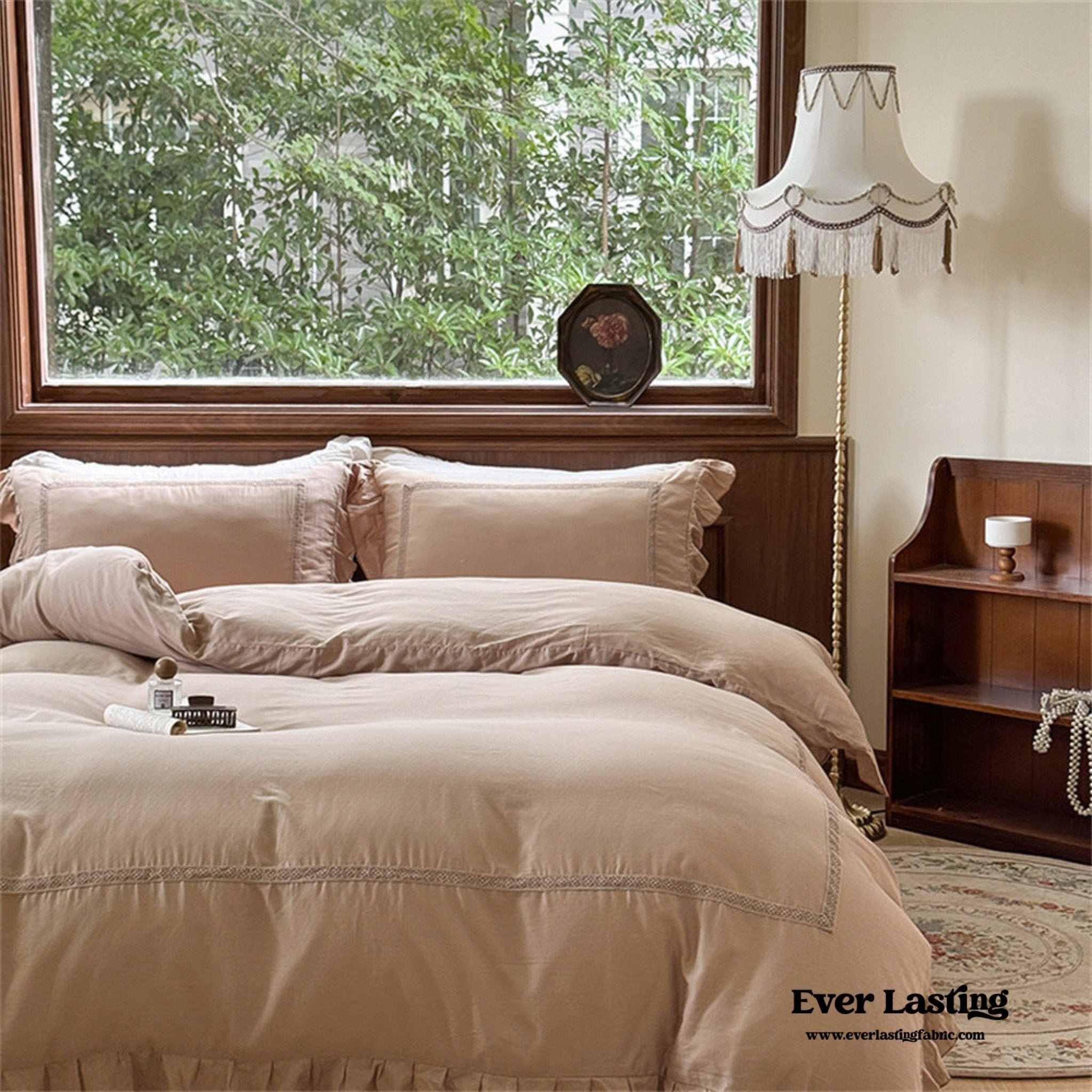 Madeleine Lace Double Gauze Ruffle Bedding Set / Brown - Ever Lasting