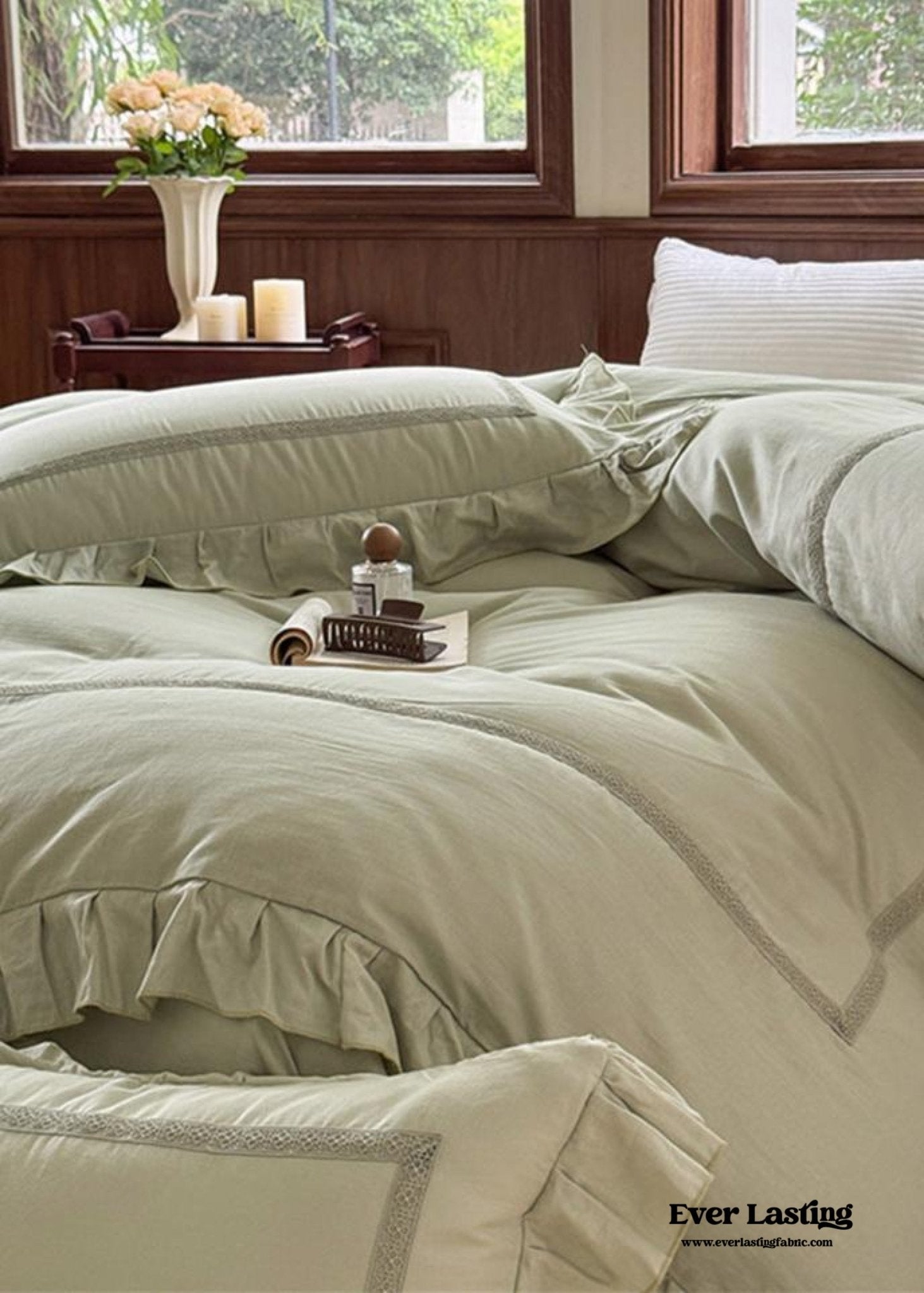 Madeleine Lace Double Gauze Ruffle Bedding Set / Green - Ever Lasting