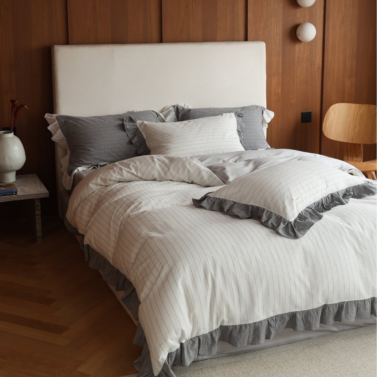 -Ever Lasting - Madison Striped Ruffle Bedding Set / Gray -Bedding Set -Ever Lasting