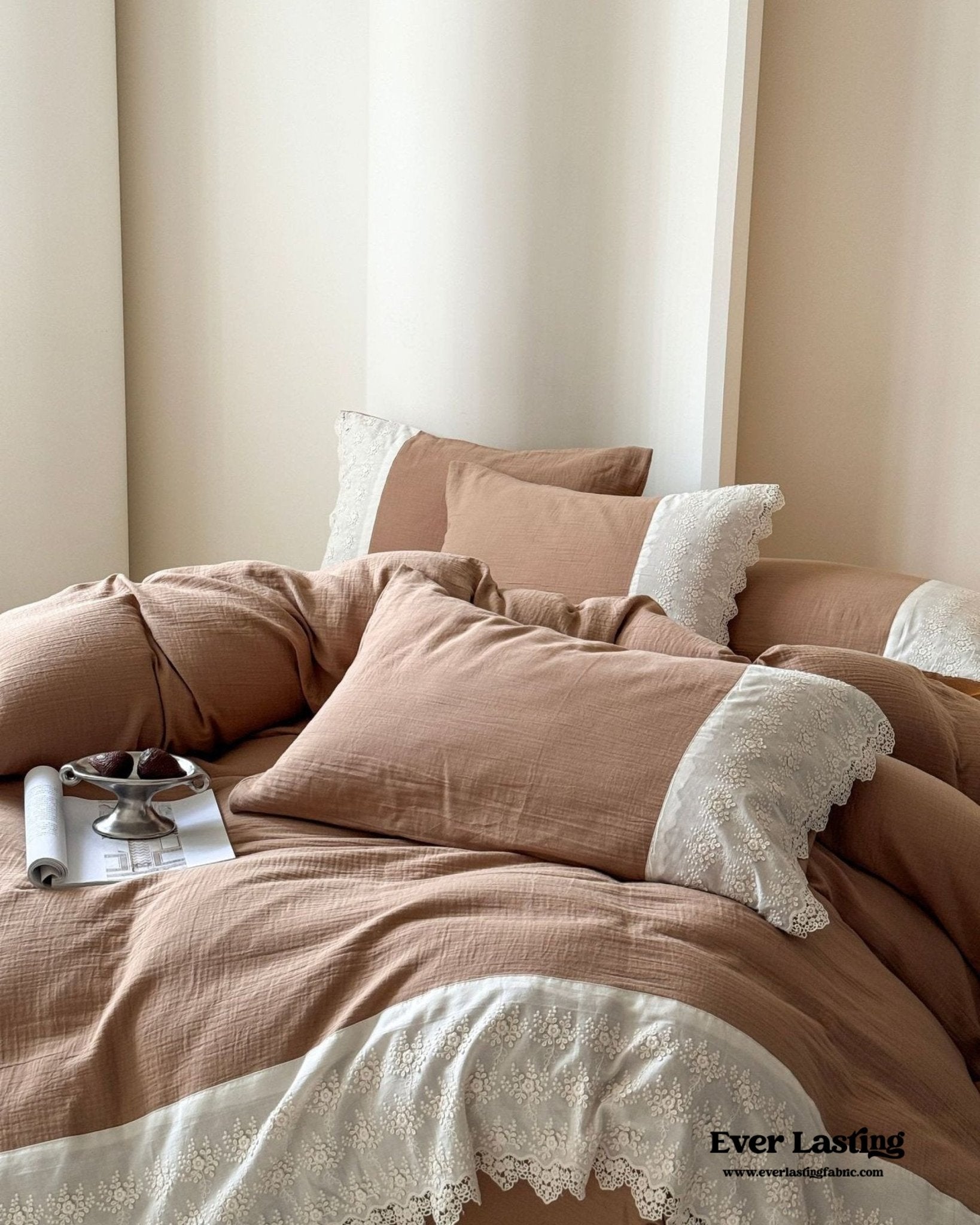 Margaux Lace Double Gauze Bedding Set / Chocolate Brown - Ever Lasting
