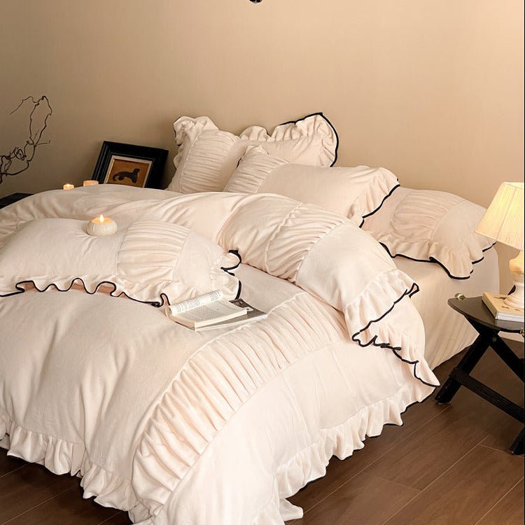- Ever Lasting - Marigold Velvet Pleated Lace Bedding Set / Beige - Bedding Set - Ever Lasting
