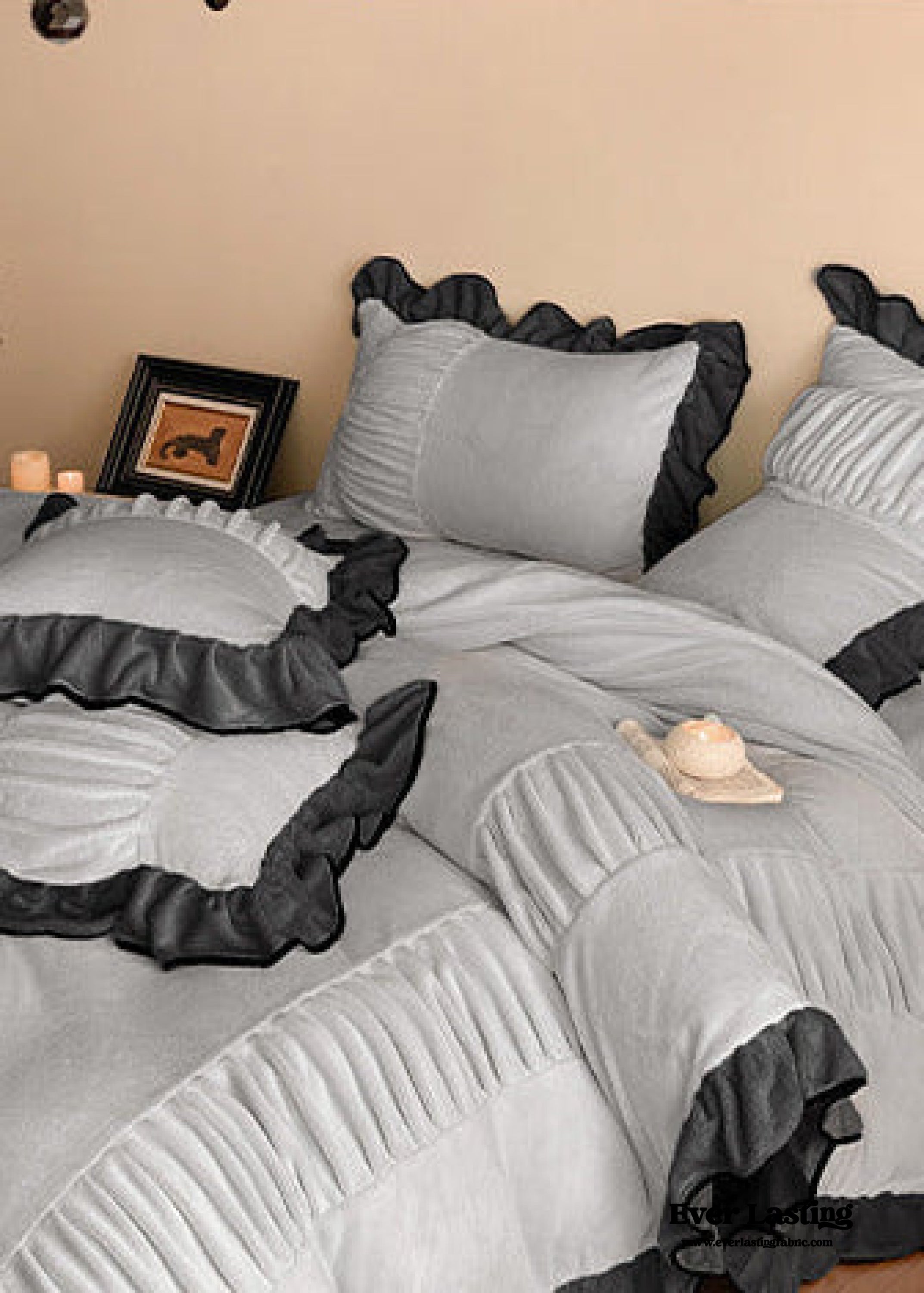 - Ever Lasting - Marigold Velvet Pleated Lace Bedding Set / Beige - Bedding Set - Ever Lasting