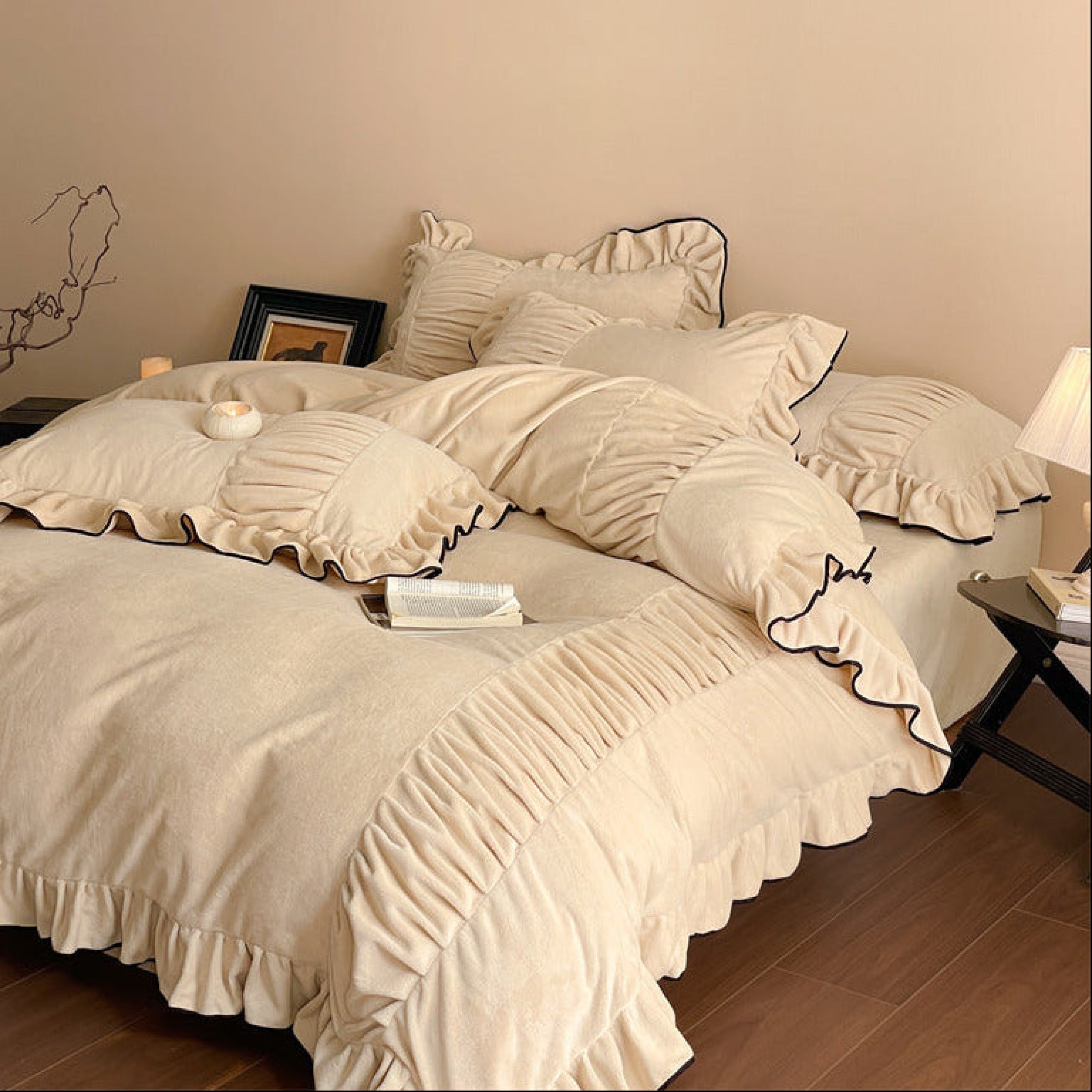 - Ever Lasting - Marigold Velvet Pleated Lace Bedding Set / Beige - Bedding Set - Ever Lasting