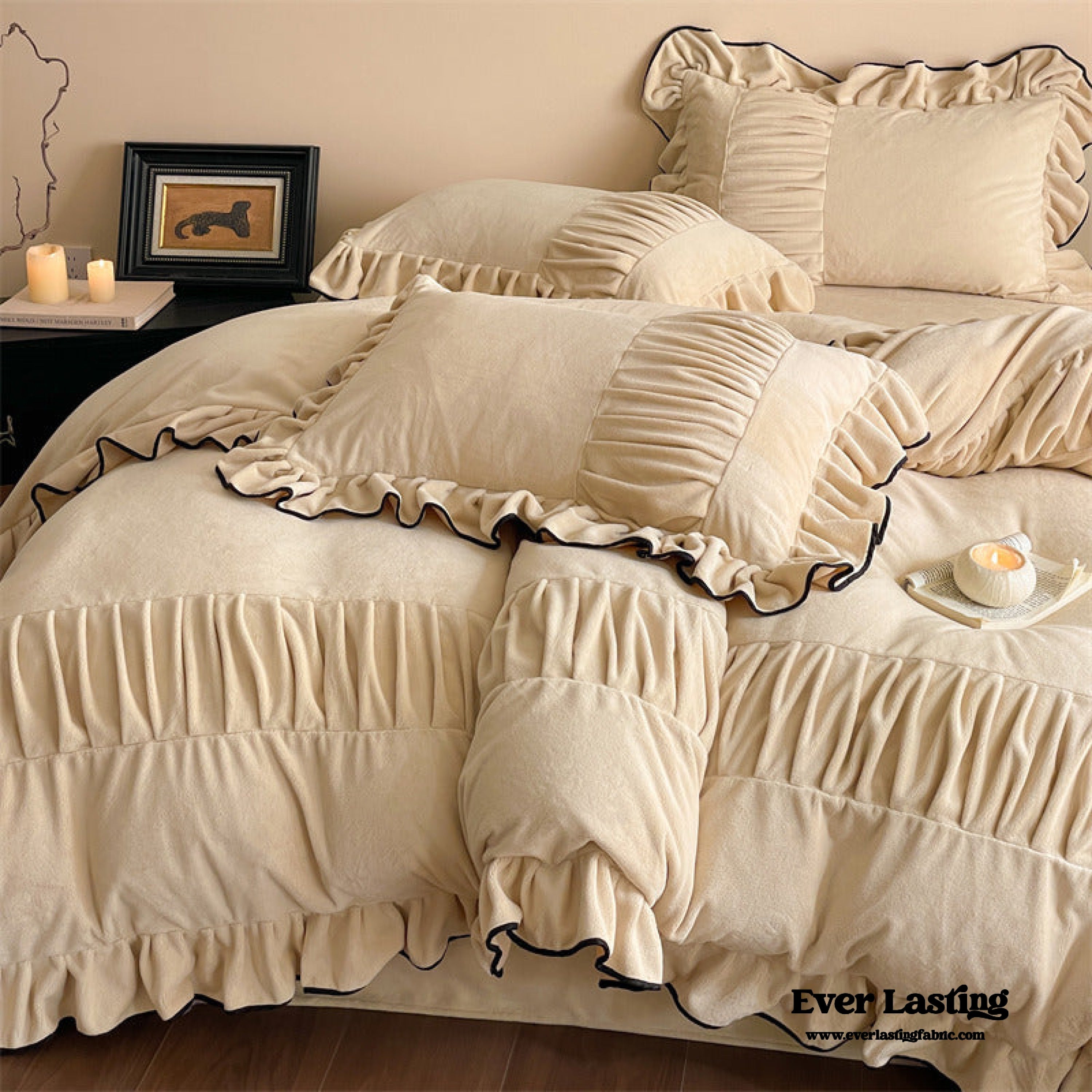 - Ever Lasting - Marigold Velvet Pleated Lace Bedding Set / Beige - Bedding Set - Ever Lasting