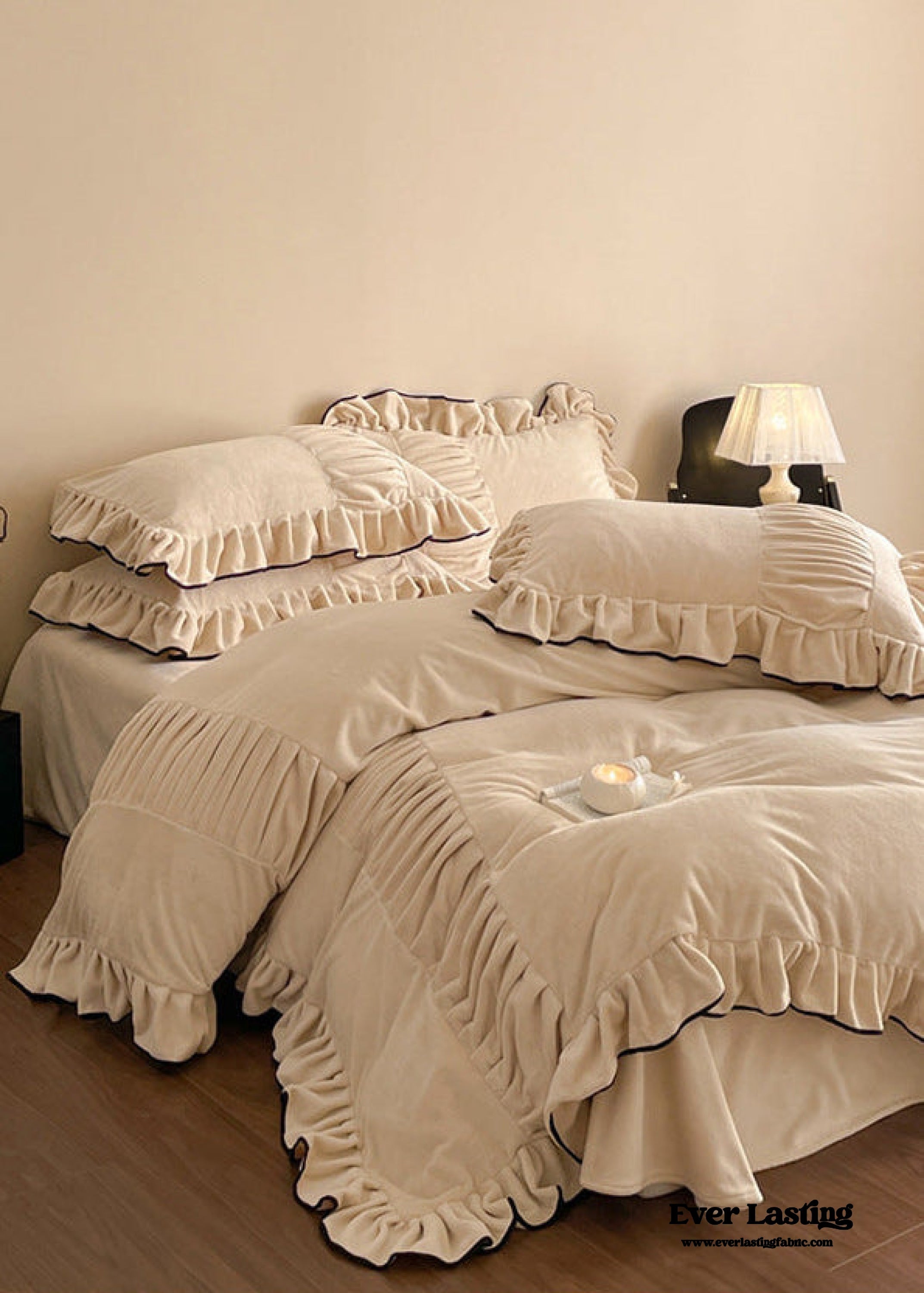 - Ever Lasting - Marigold Velvet Pleated Lace Bedding Set / Beige - Bedding Set - Ever Lasting