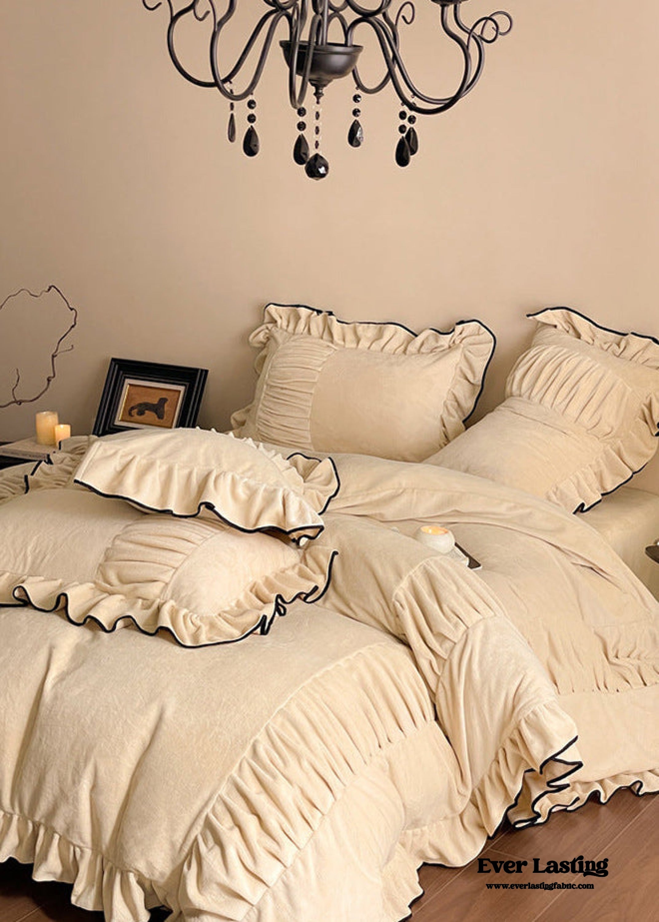 - Ever Lasting - Marigold Velvet Pleated Lace Bedding Set / Beige - Bedding Set - Ever Lasting