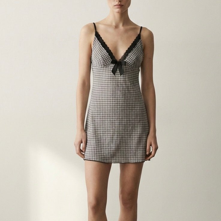 - Ever Lasting - Melodie Sleeveless Gingham Lace Pajama Set / Black - Pajamas - Ever Lasting