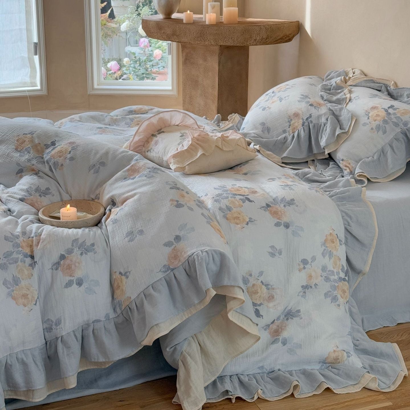 Millie Lace Ruffle Floral Bedding Set / Beige - Ever Lasting