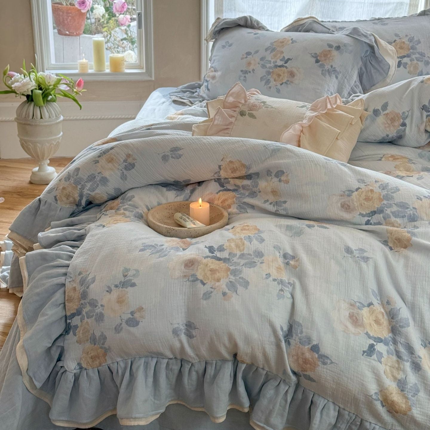 Millie Lace Ruffle Floral Bedding Set / Beige - Ever Lasting