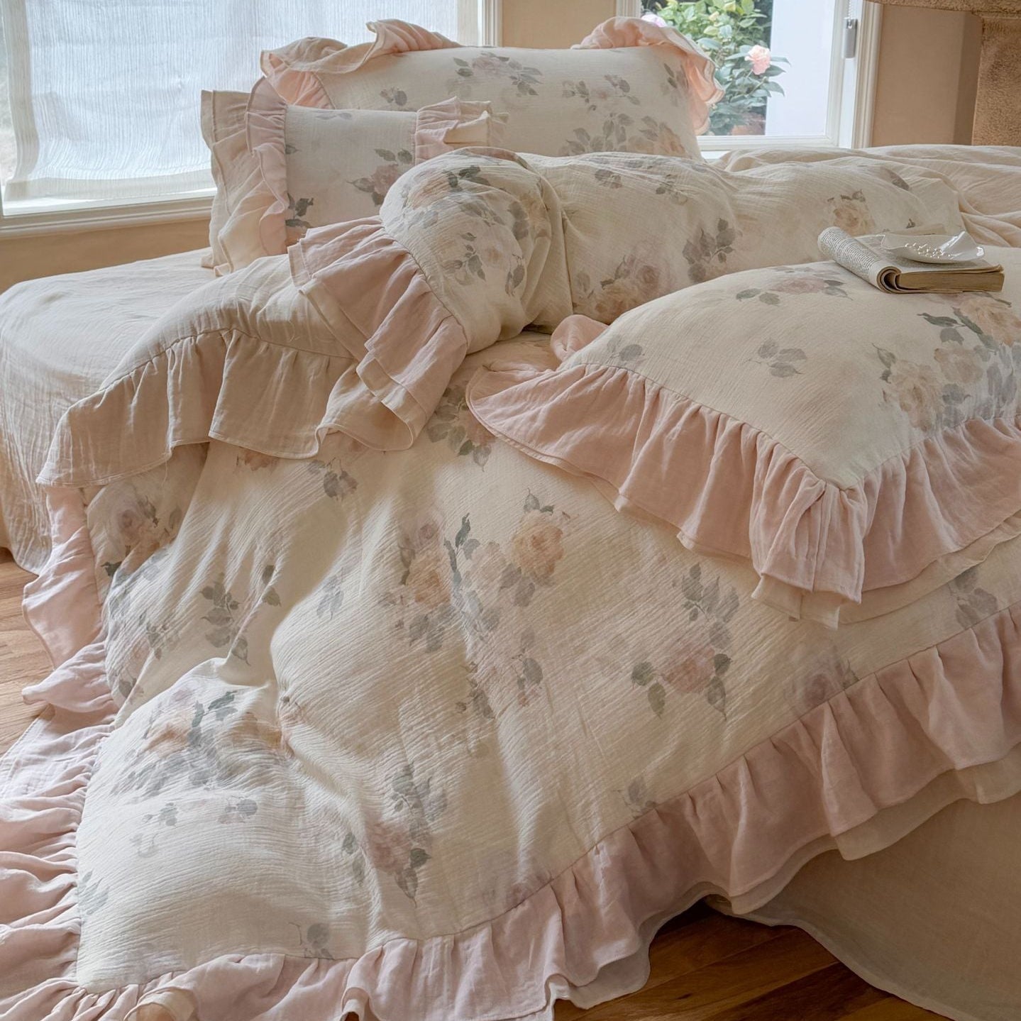 Millie Lace Ruffle Floral Bedding Set / Beige - Ever Lasting