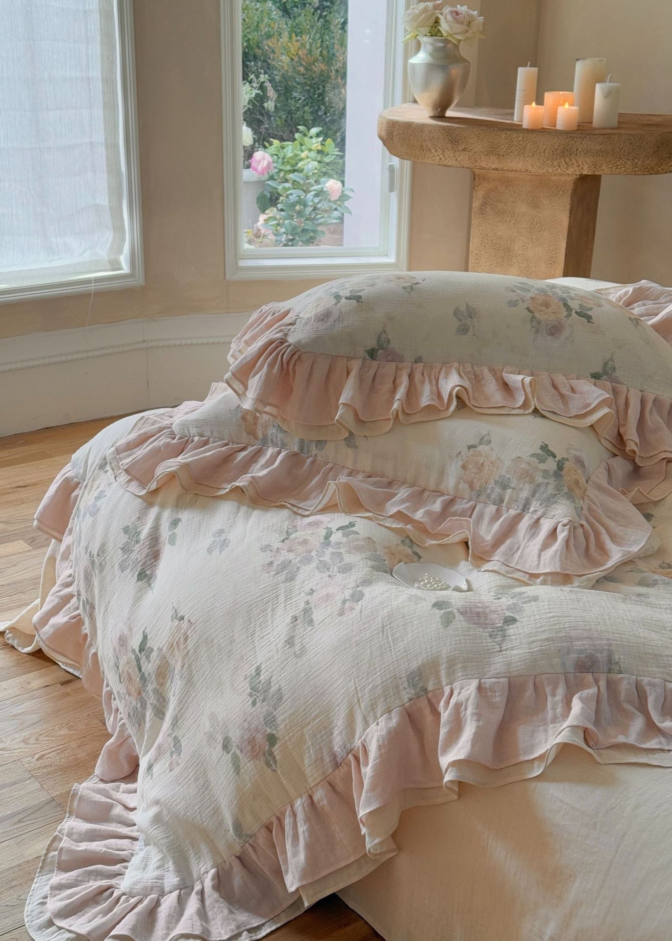 Millie Lace Ruffle Floral Bedding Set / Beige - Ever Lasting