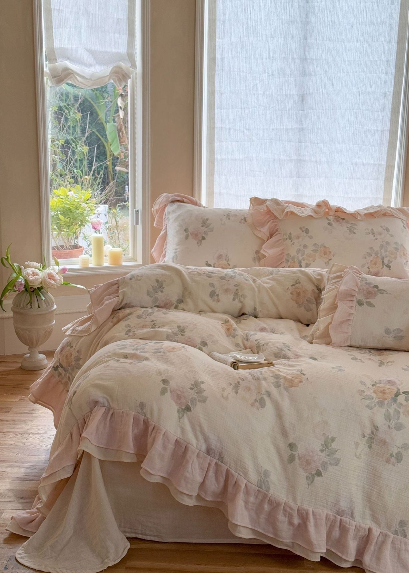 Millie Lace Ruffle Floral Bedding Set / Beige - Ever Lasting