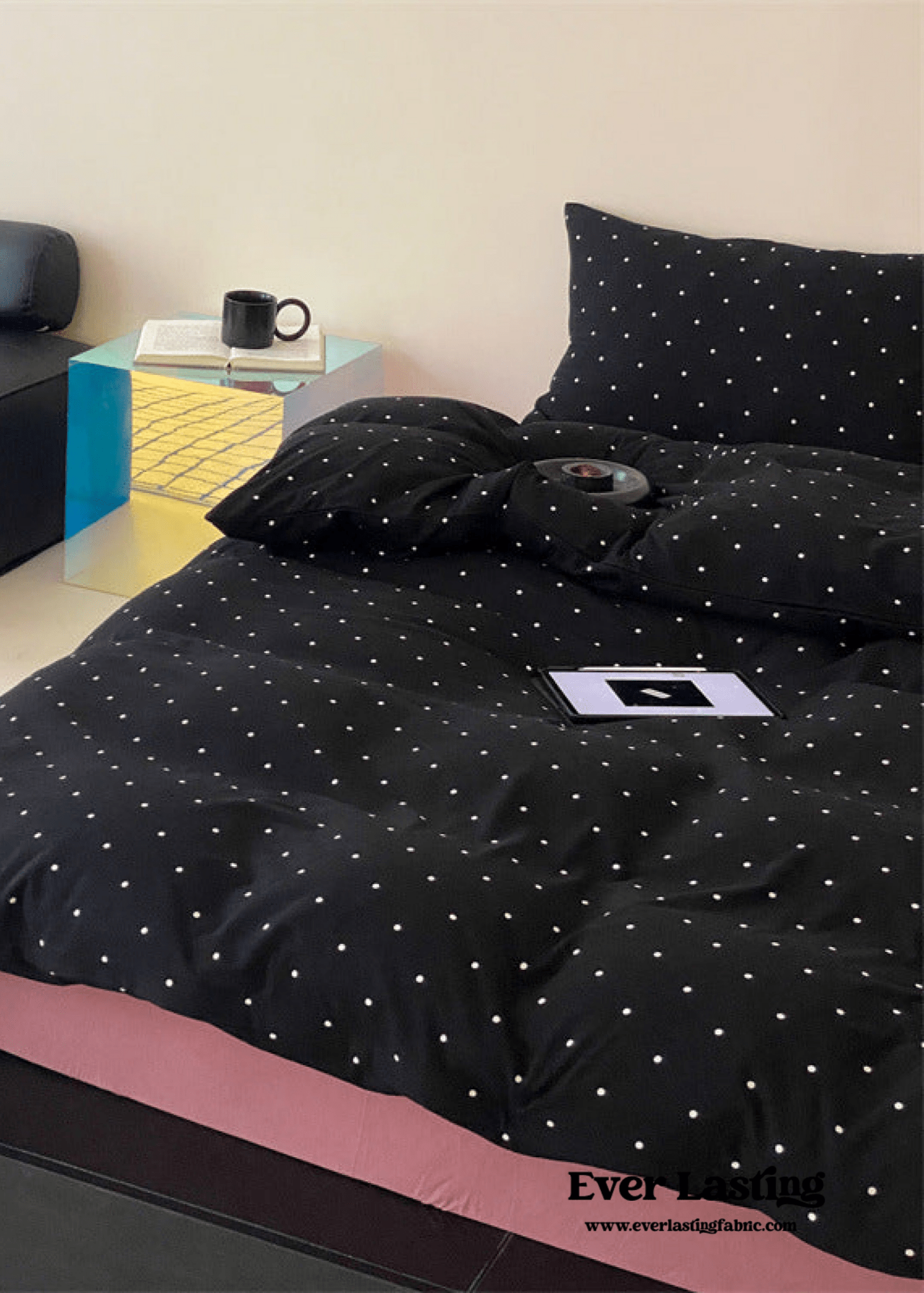 Mini Polka Dot Jersey Knit Bedding Set / Black + Pink - Ever Lasting
