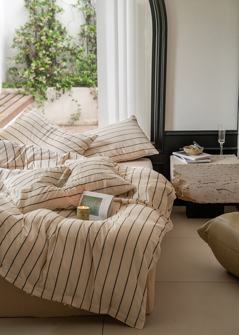 - Ever Lasting - Minimalist Vertical Stripe Bow Ties Bedding Set / Beige Custard - Bedding Set - Ever Lasting