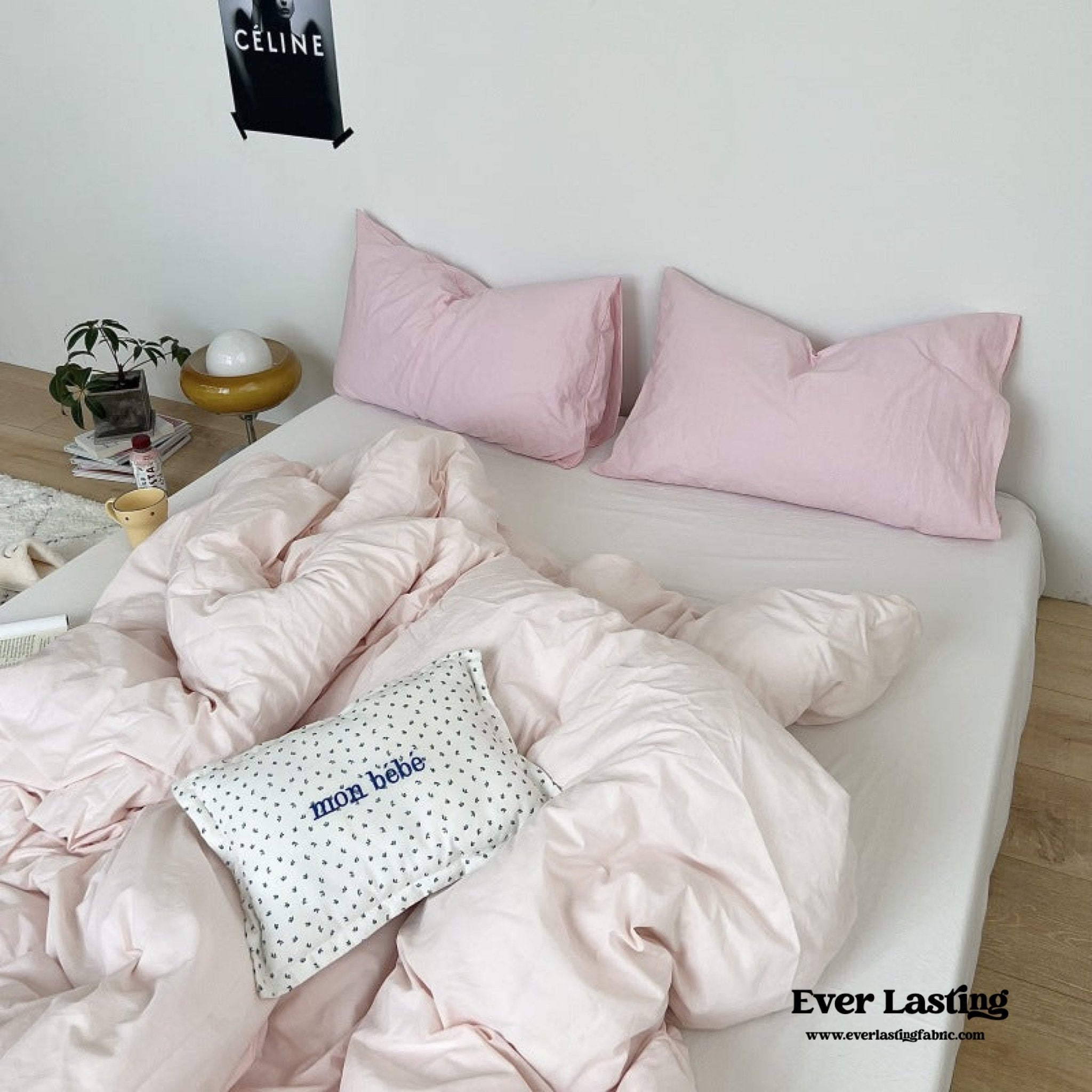 Mixed Color Washed Cotton Bedding Set / Baby Pink + White - Ever Lasting