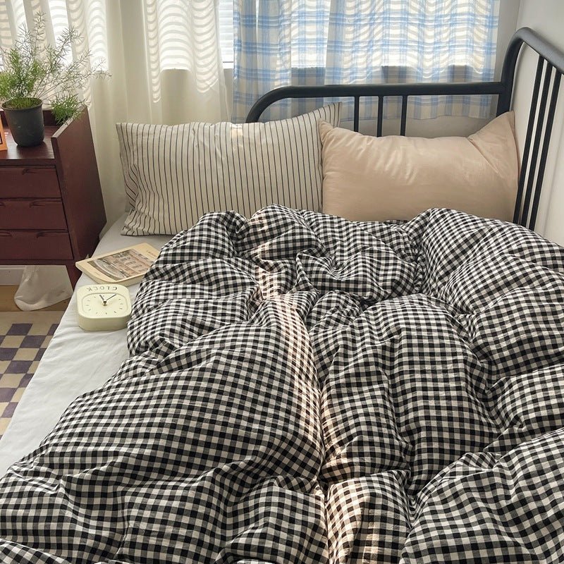 - Ever Lasting - Mixed Gingham Striped Bedding Set / Brown - Bedding Set - Ever Lasting