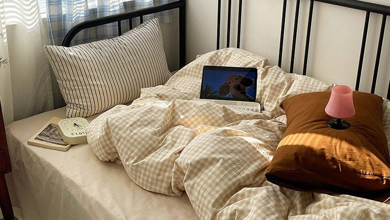 - Ever Lasting - Mixed Gingham Striped Bedding Set / Brown - Bedding Set - Ever Lasting