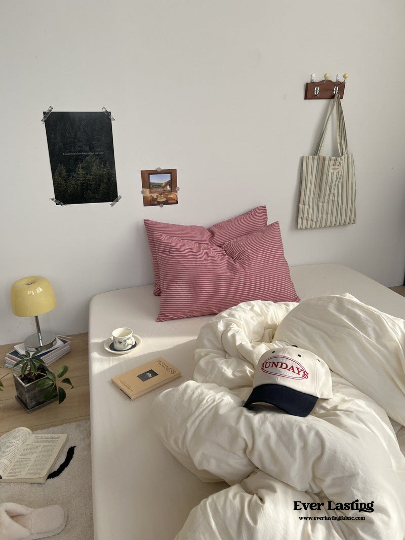 Mixed Stripe Washed Cotton Bedding Set / White + Red - Ever Lasting