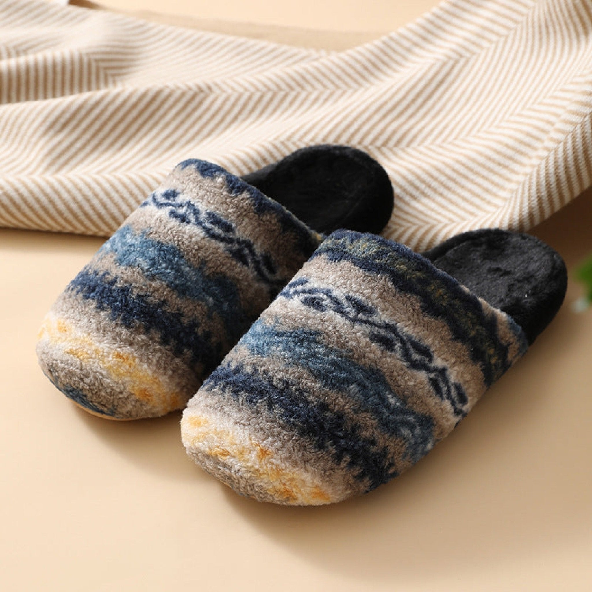 Modern Warm House Slippers / Blue Striped - Ever Lasting