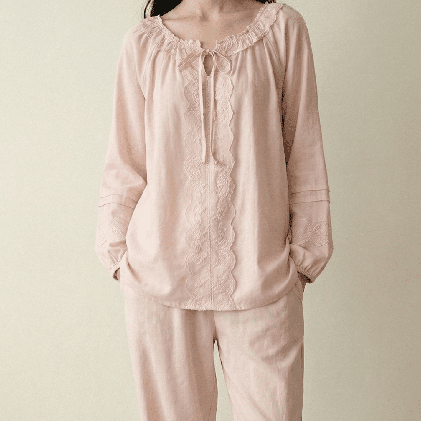 - Ever Lasting - Naomi Lace Lapel Cotton Silk Pajama Set / Pink - Pajamas - Ever Lasting