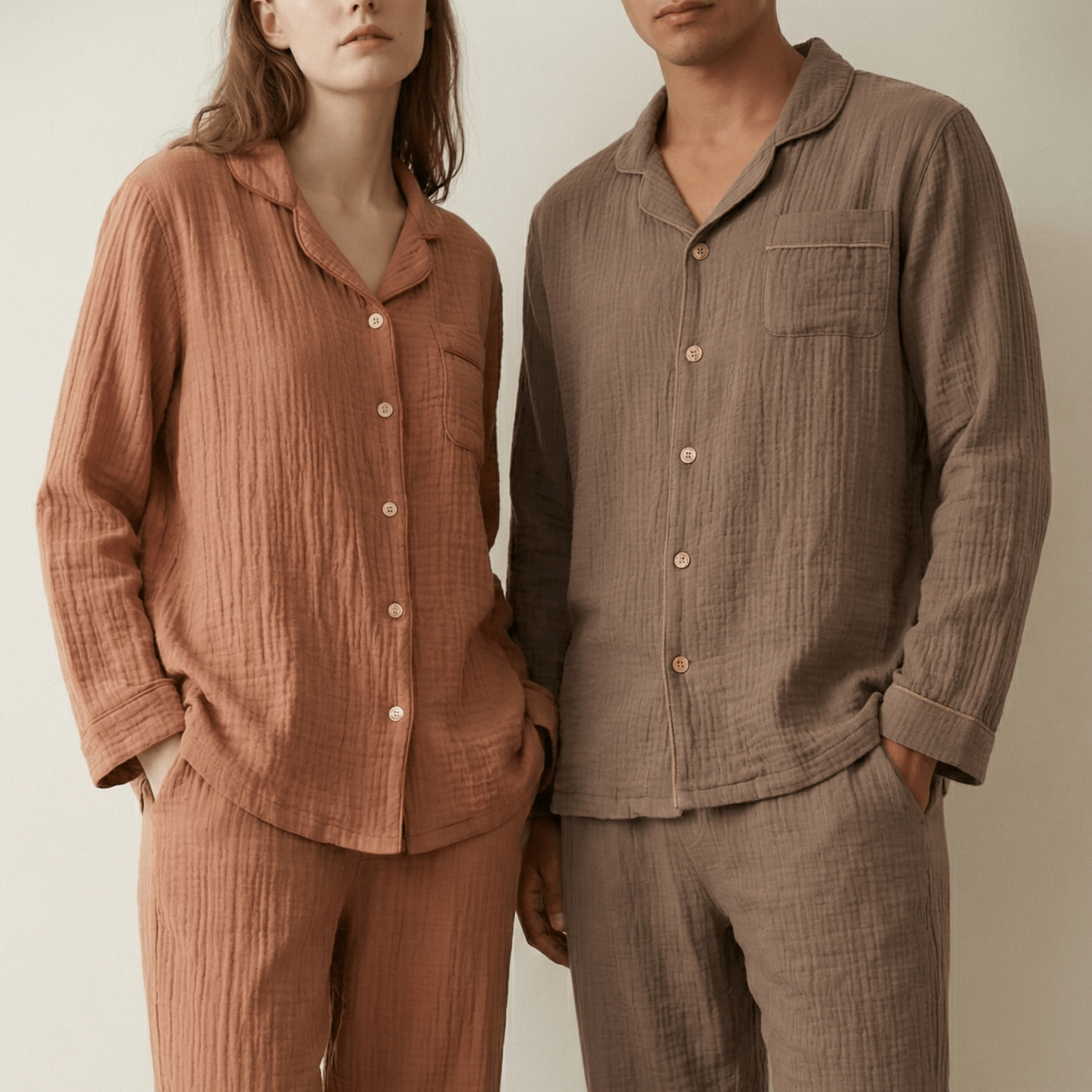 - Ever Lasting - Noa Cotton Japanese Style Lapel Pajama Set / Brown - Pajama Set - Ever Lasting