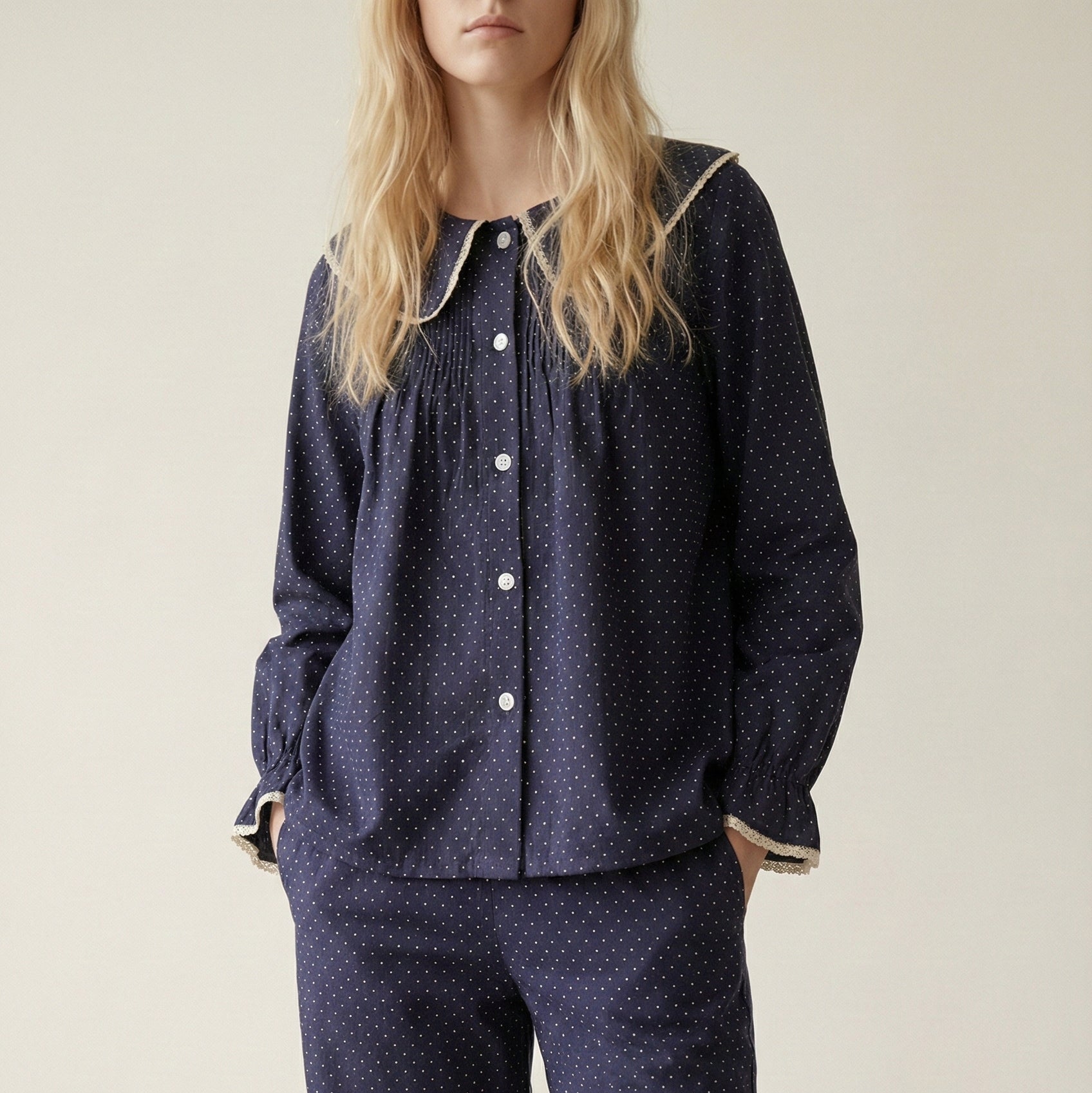 - Ever Lasting - Noelle Cotton Lapel Pajama Set / Dark Blue - Pajamas - Ever Lasting