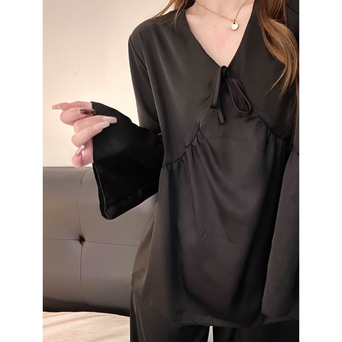 -Ever Lasting - Noira Silky Long-Sleeve Pajama Set / Black -Pajamas -Ever Lasting